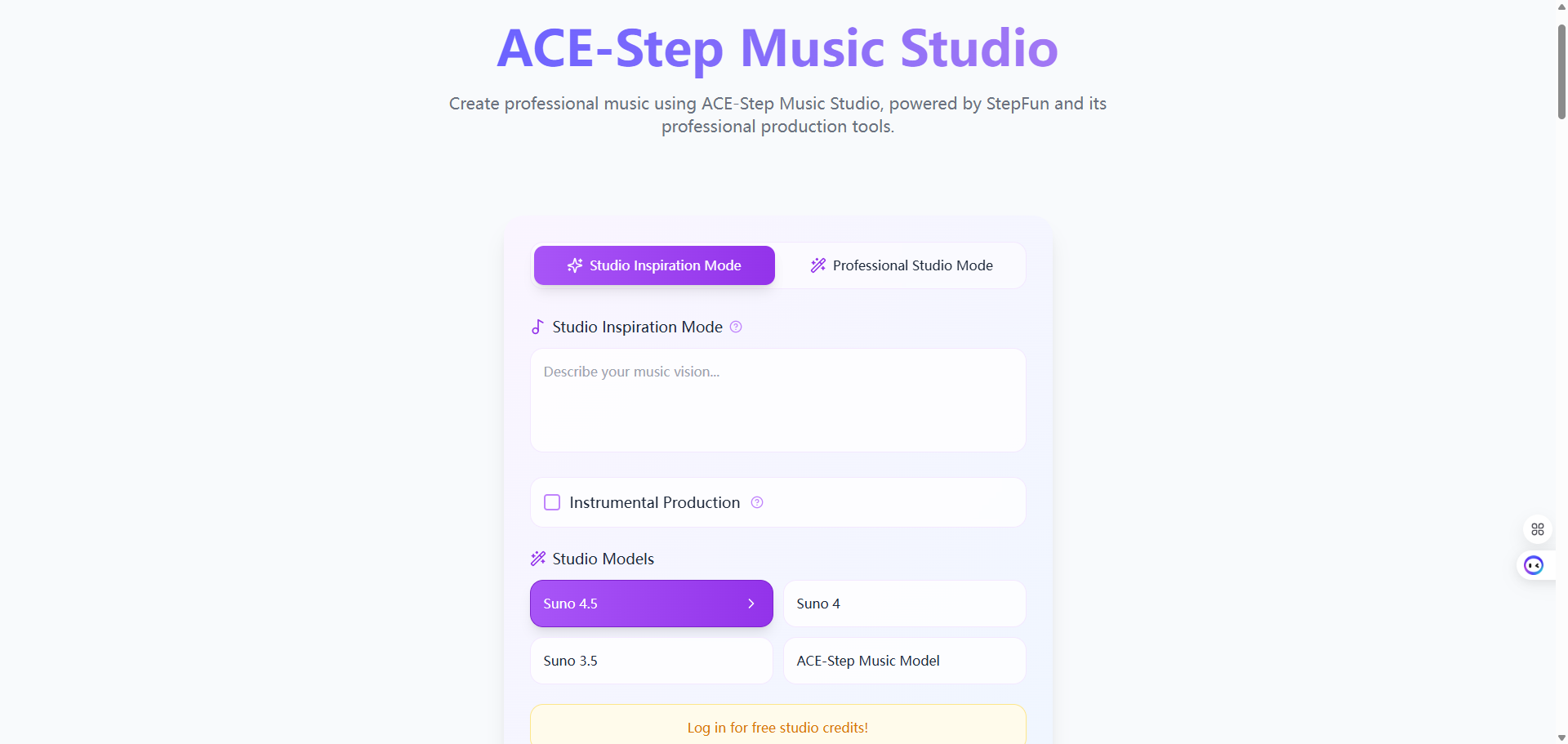 ACE-Step Music Studio: A professional virtual music production platform using AI to create studio-quality music.
