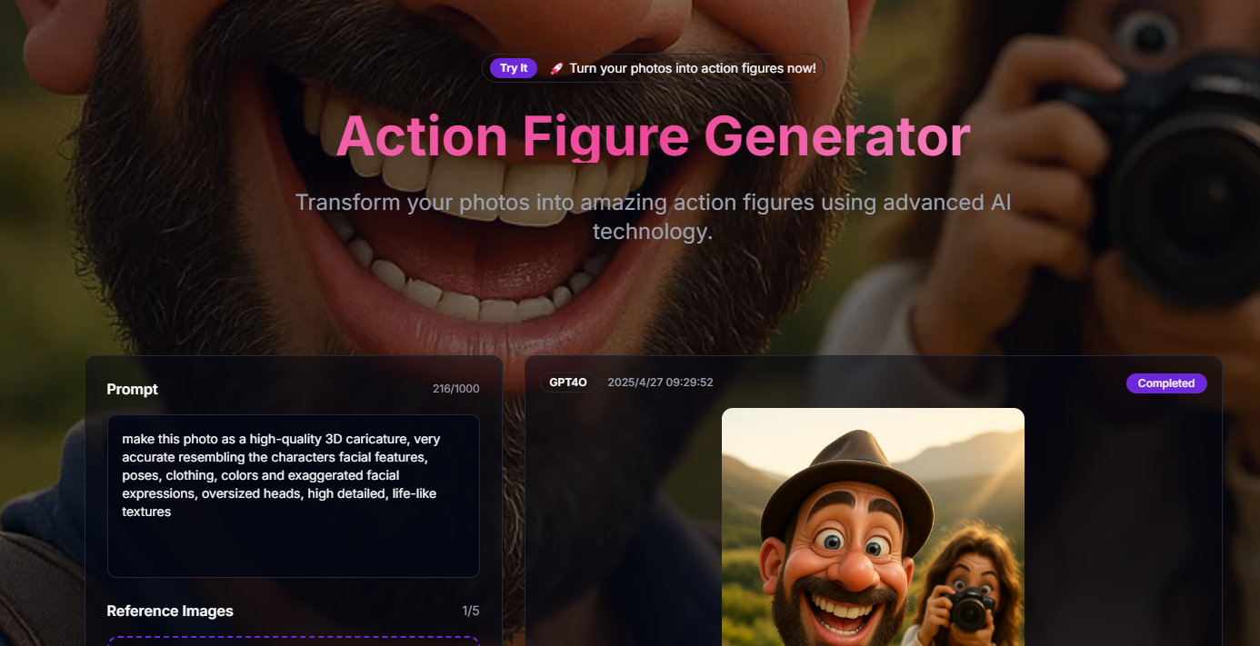 This website, Actionfigure.pro, is an AI-powered action figure generator.  It transforms photos into custom action figures with various styles and detailed packaging.

