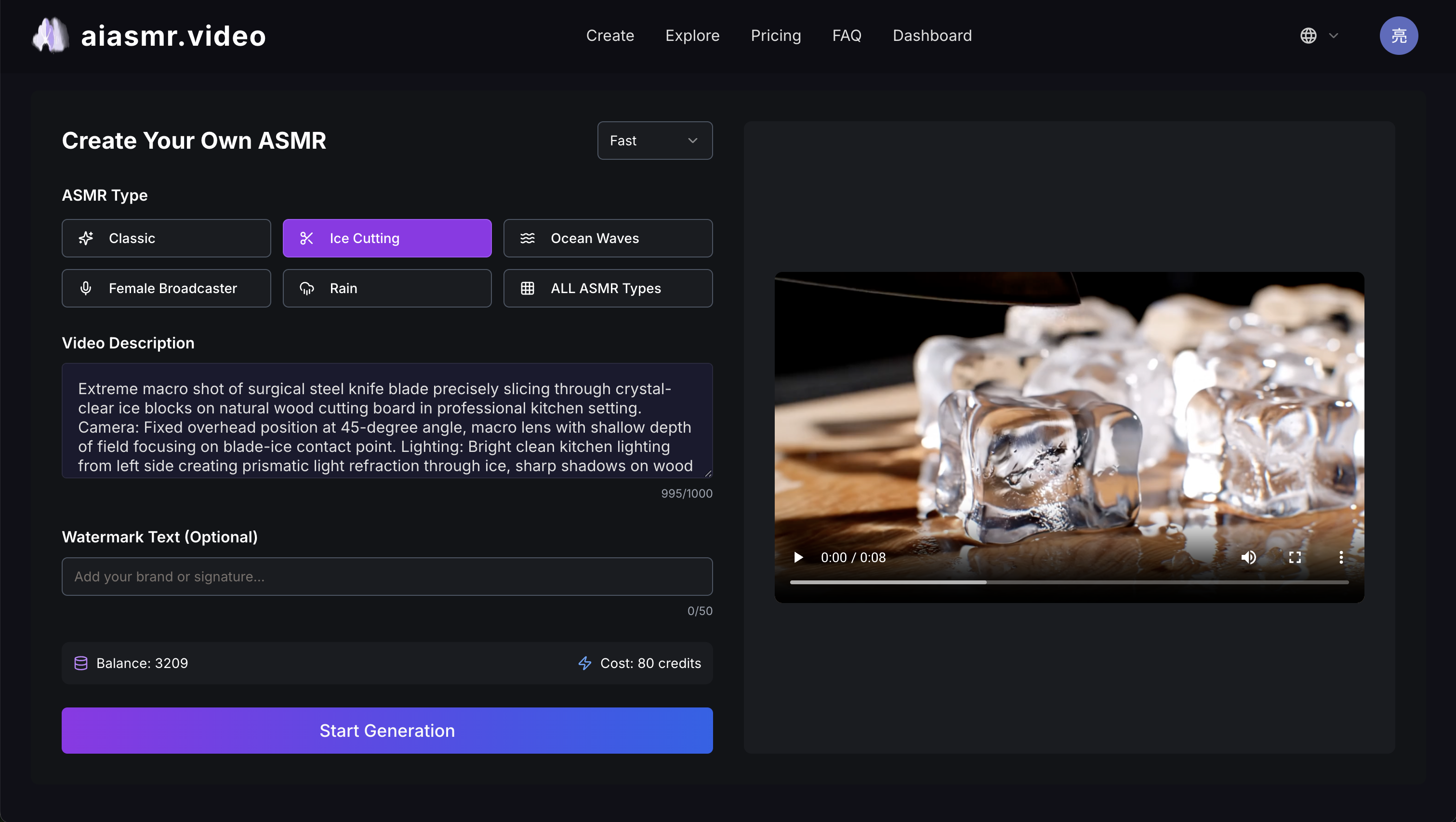 AI-powered ASMR video generator; create relaxing videos from text descriptions, offering various styles and pricing plans.
