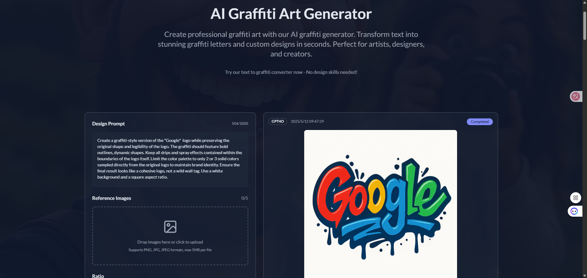 AI-powered graffiti art generator; create custom graffiti designs from text prompts and images.
