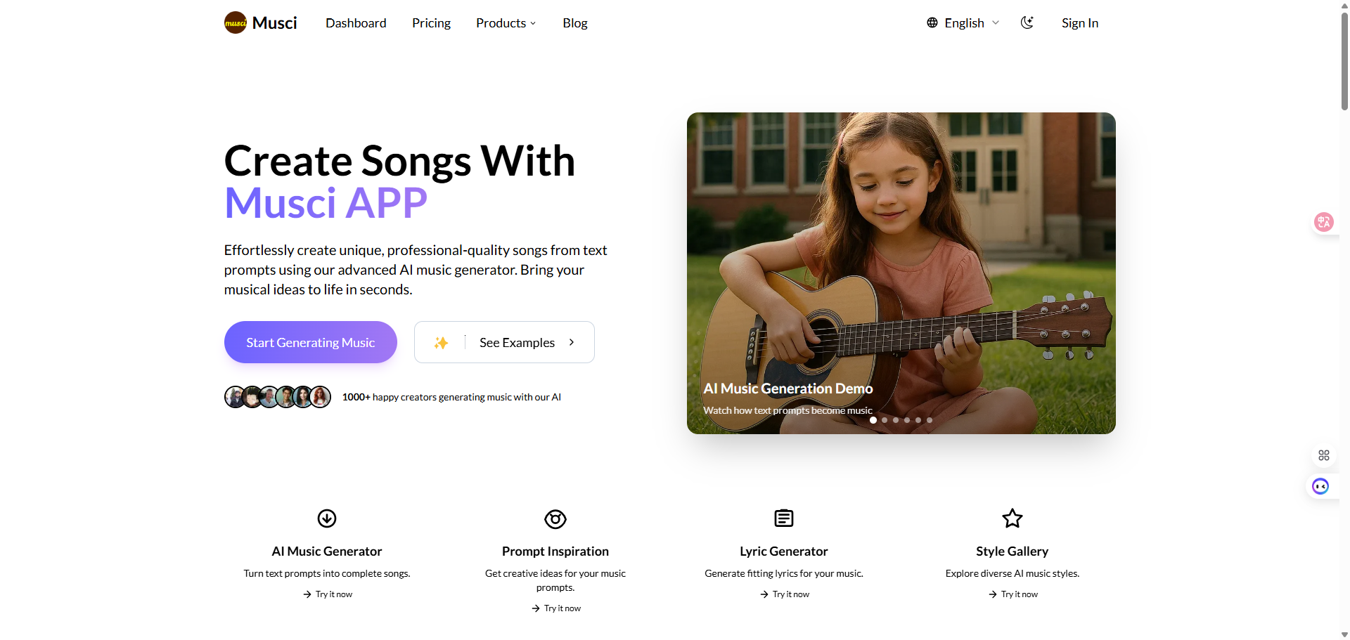Musci: an AI-powered music creation platform offering tools to generate songs, lyrics, remixes, and isolated stems from text or audio.
