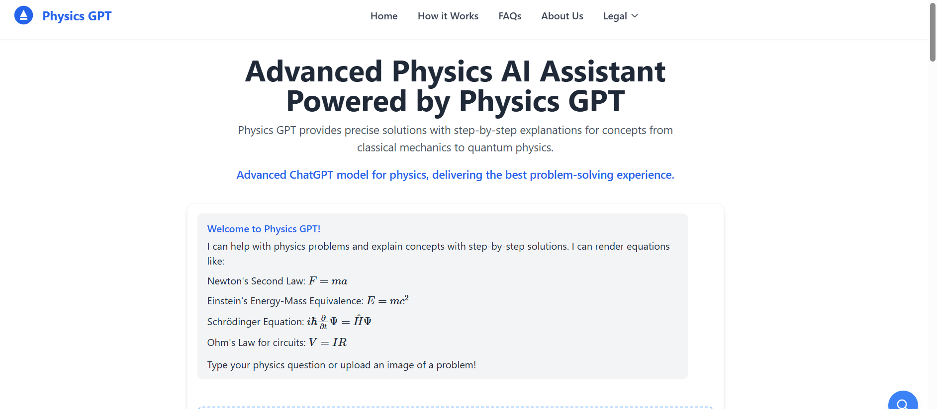 Physics GPT: An AI-powered physics problem solver providing step-by-step solutions and explanations,  supporting image uploads and various physics topics.
