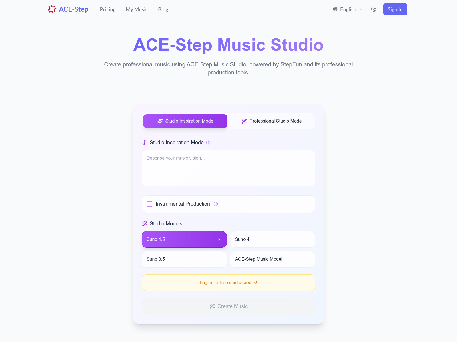 ACE-Step Music Studio: A professional virtual music production platform using AI to create studio-quality music.
