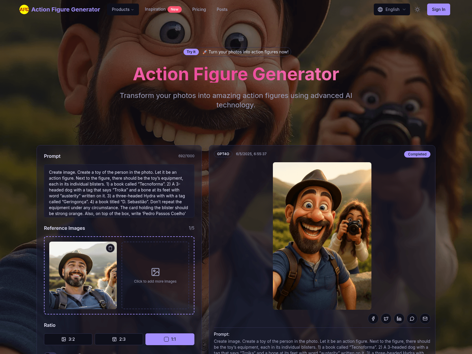 This website, Actionfigure.pro, is an AI-powered action figure generator.  It transforms photos into custom action figures with various styles and detailed packaging.
