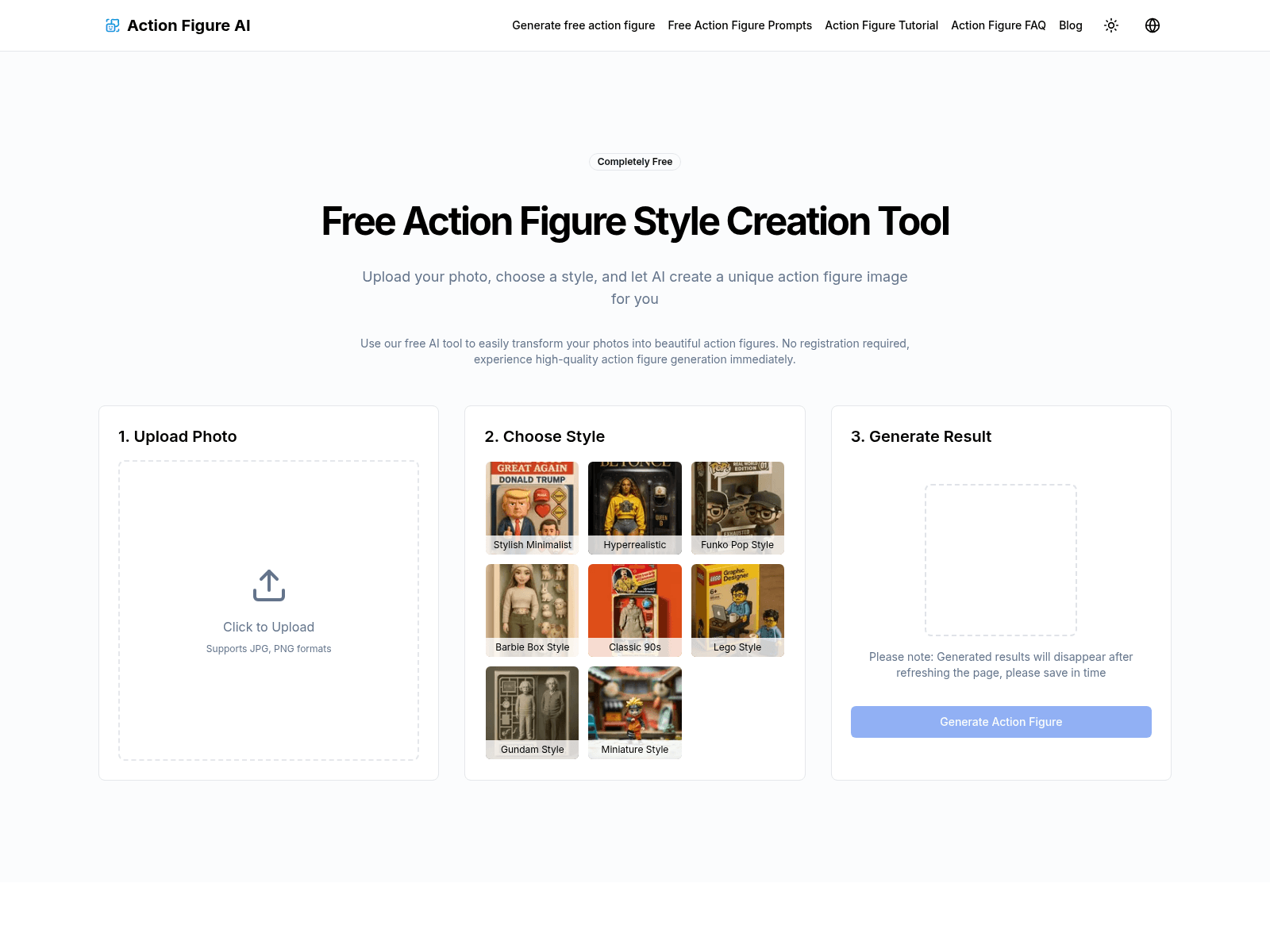 Action Figure AI: Free AI tool to transform photos into high-quality action figure images with various styles and free prompts.
