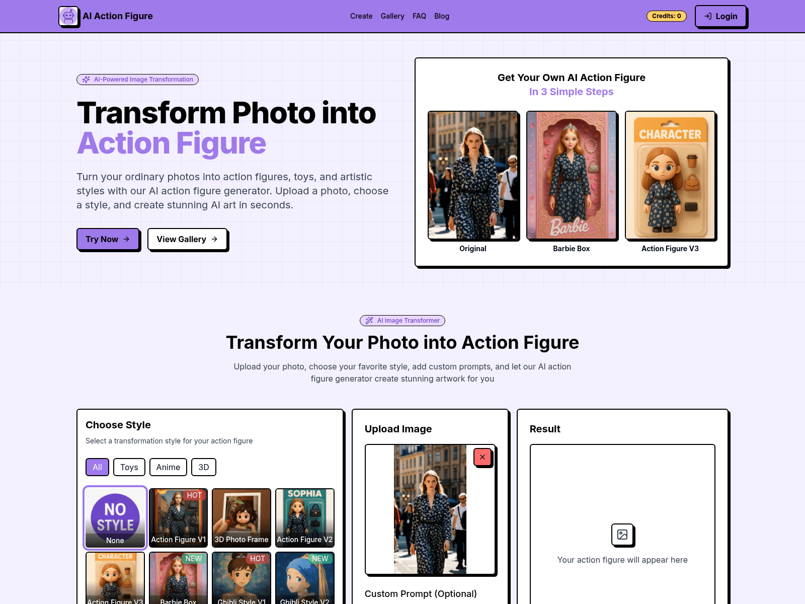 AI-powered photo transformer creating action figures, dolls, and avatars from uploaded images, offering various styles and a meme generator.
