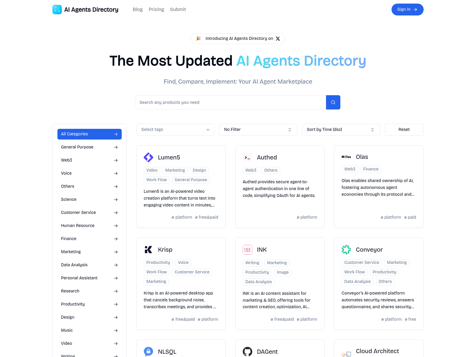 This website is an AI agent directory, allowing users to find, compare, and implement AI agents for business purposes.
