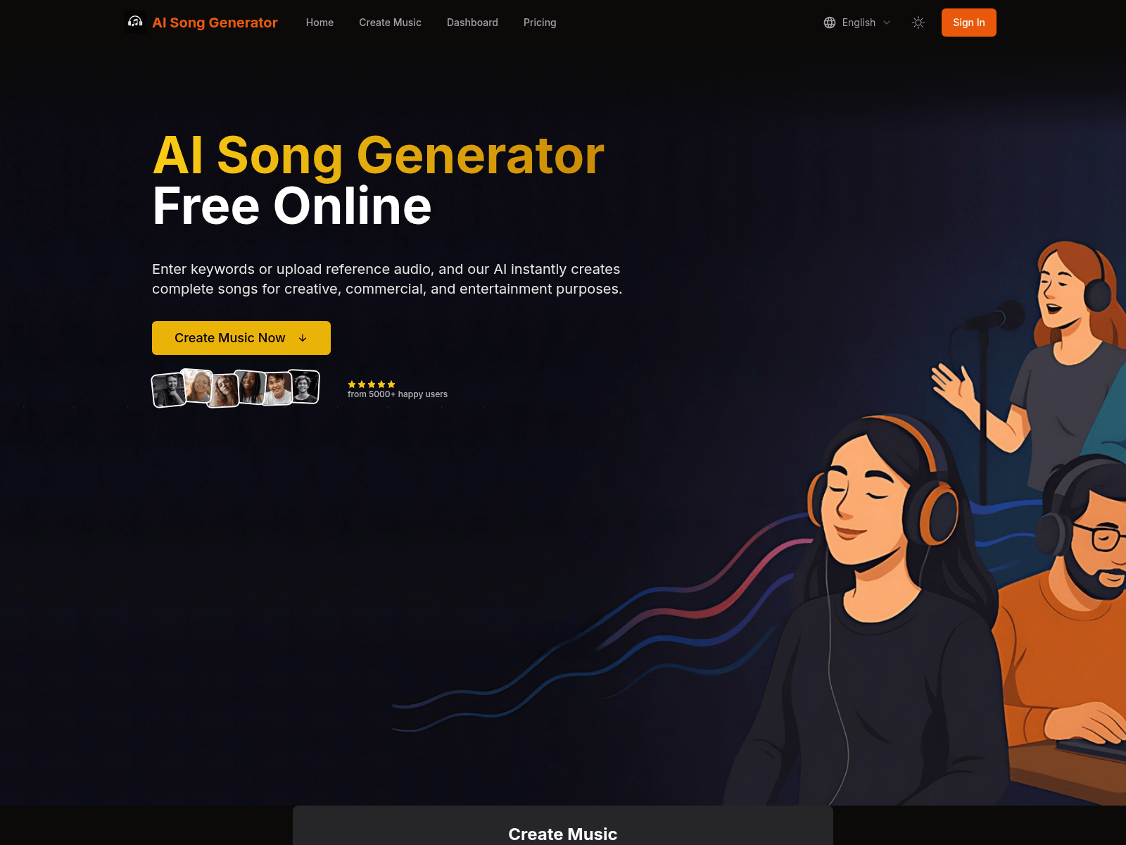 AI-powered song generator creating original music in minutes; offers custom and simple modes with lyrics and style input.

