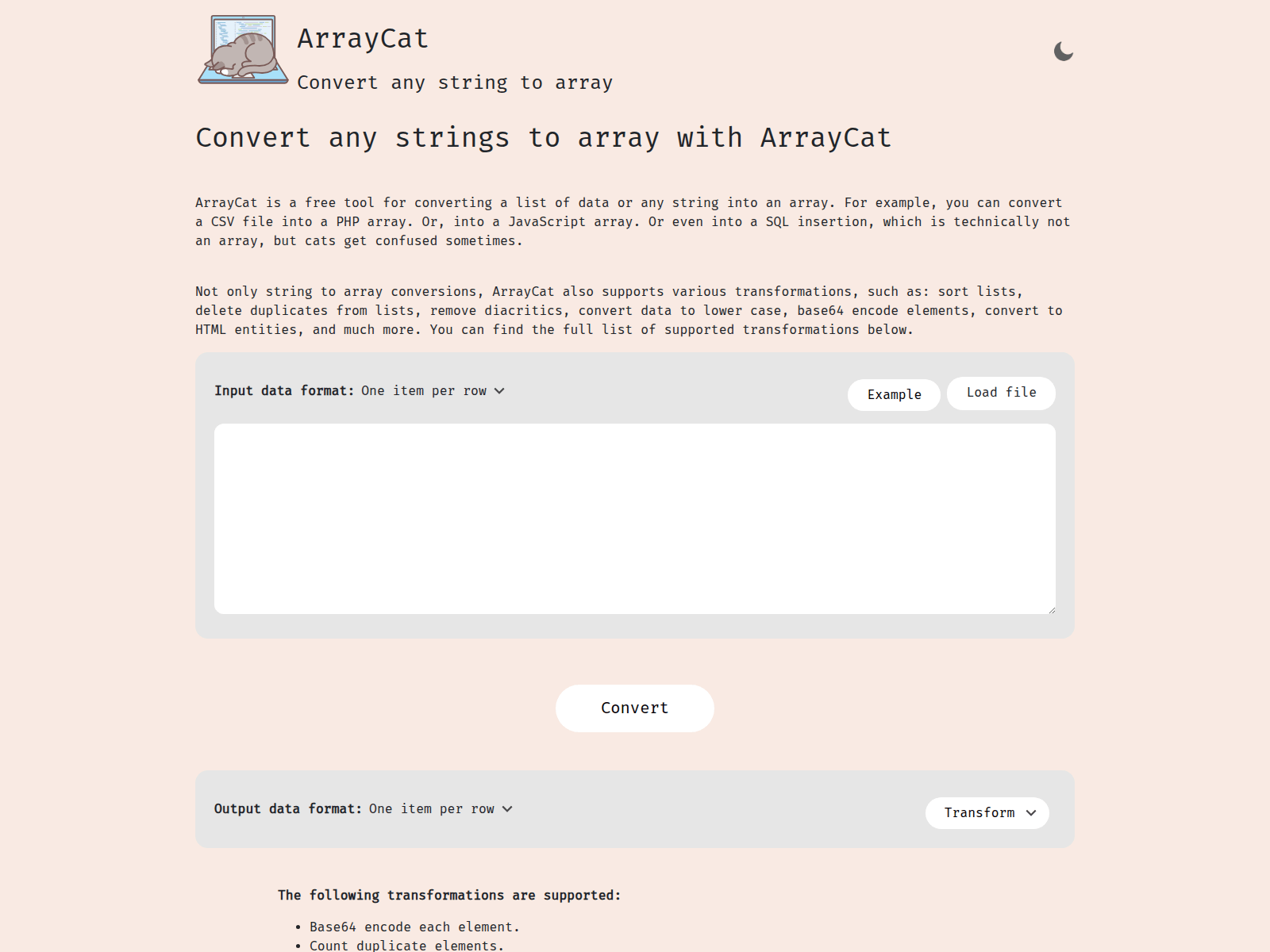 ArrayCat:  Easily convert strings to various array formats (JavaScript, PHP, SQL, etc.), including CSV conversion and duplicate removal.
