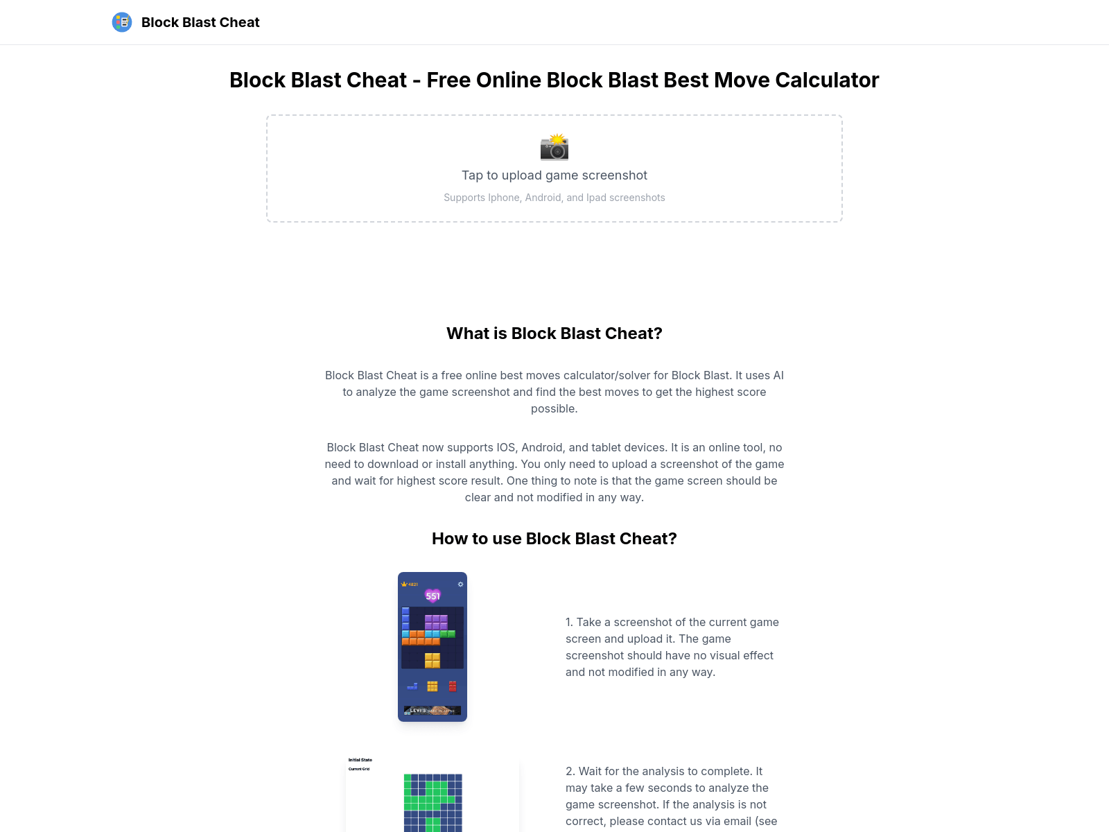 AI-powered Block Blast cheat; free online tool to find best moves via game screenshot upload.
