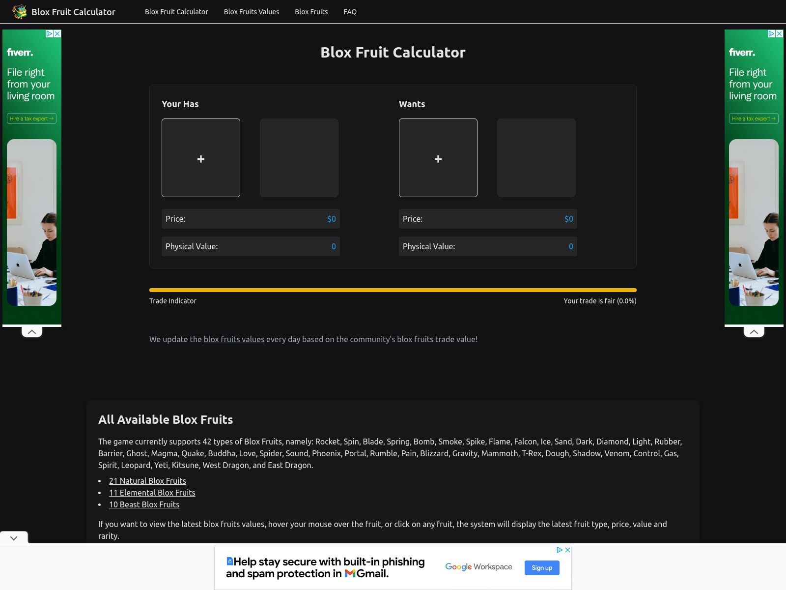 A Roblox Blox Fruits trading calculator to assess fruit values and optimize trades.
