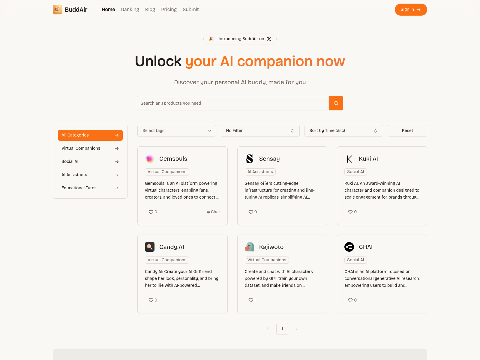 BuddAir:  A platform to discover and explore AI companions for emotional support, virtual friendship, and personalized interactions.

