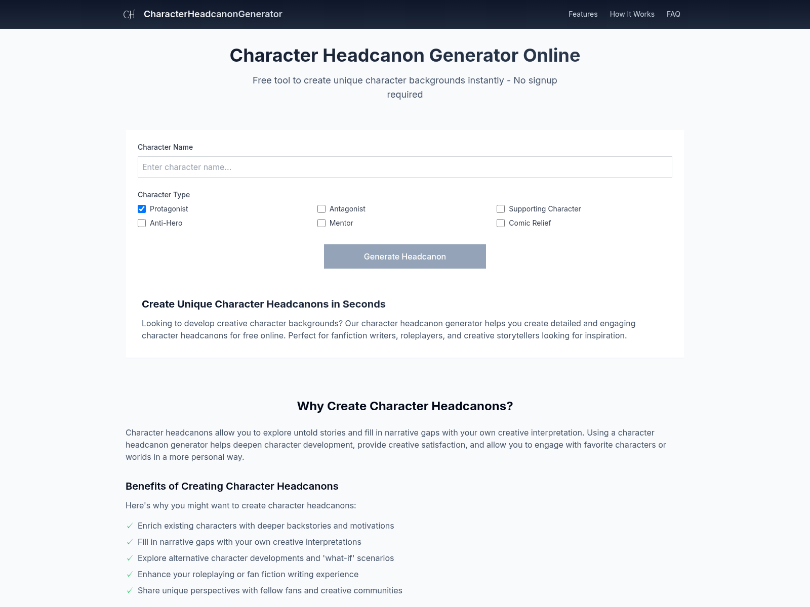 A free online character headcanon generator for fanfiction, roleplaying, and creative writing;  no signup required.
