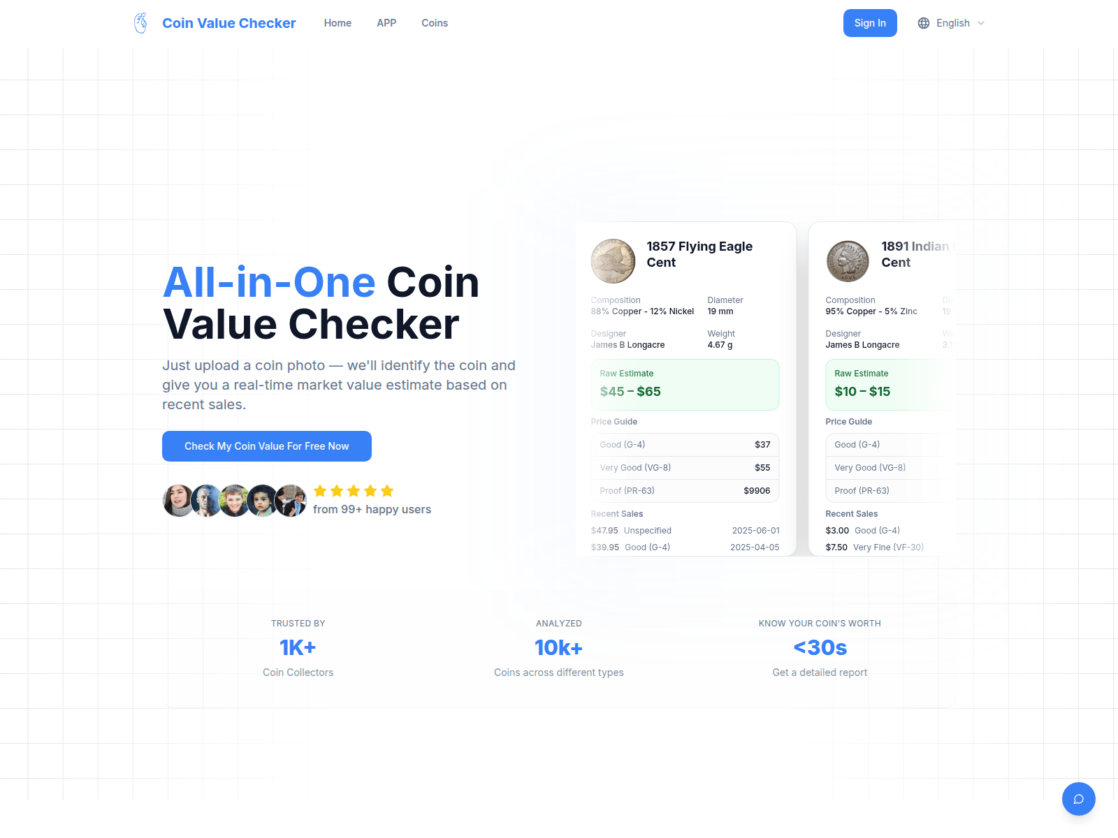 AI-powered coin identifier and real-time value estimator using uploaded photos; provides detailed reports and market-based price estimates.
