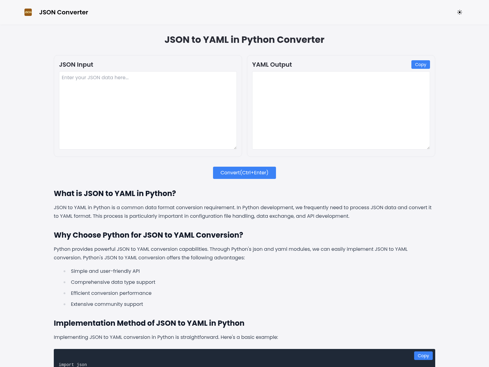 A free online JSON to YAML converter using Python; easily converts JSON data to YAML format, supporting complex structures.
