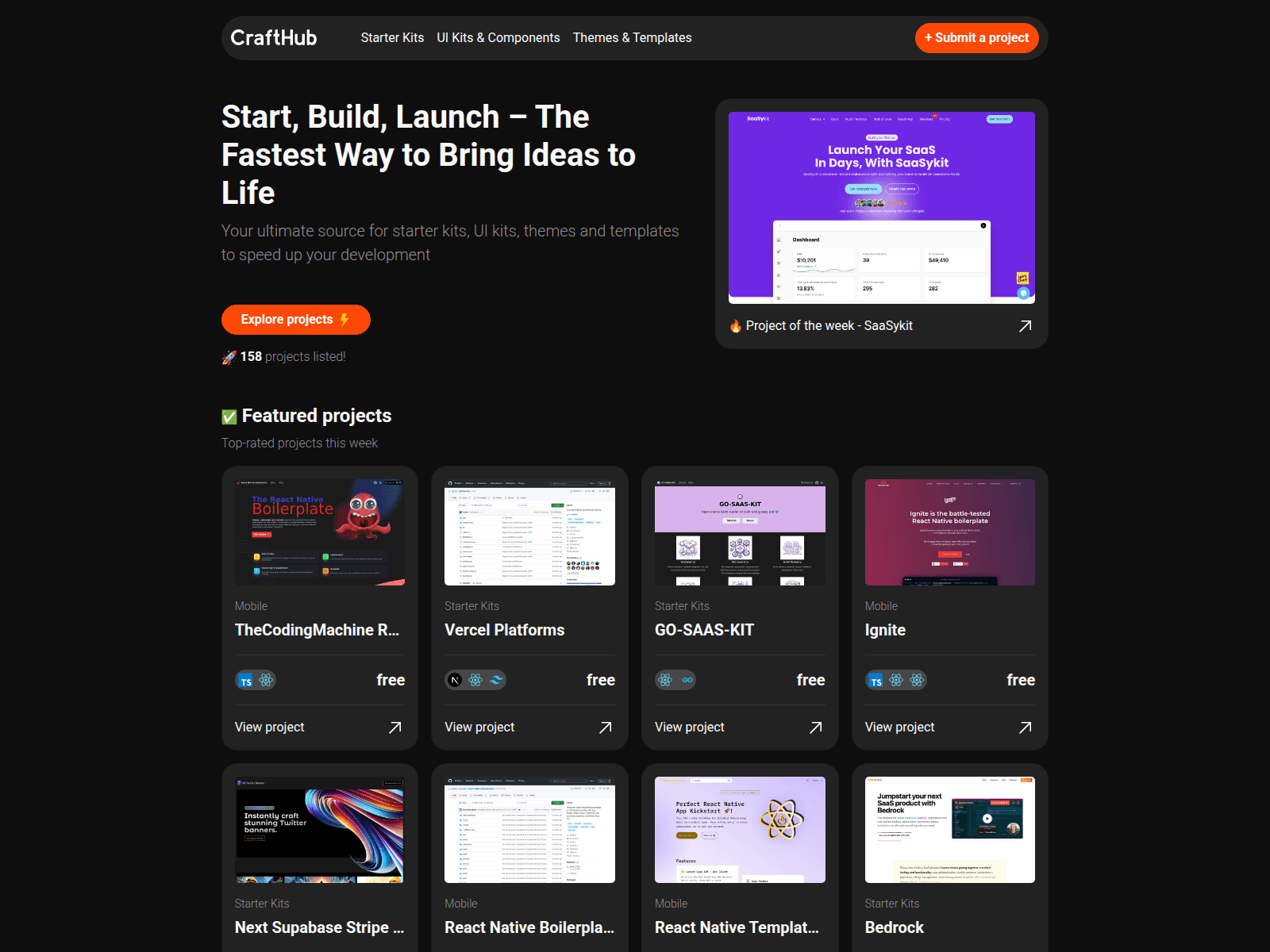 CraftHub: A platform offering free and premium starter kits, UI kits, themes, and templates to accelerate development.
