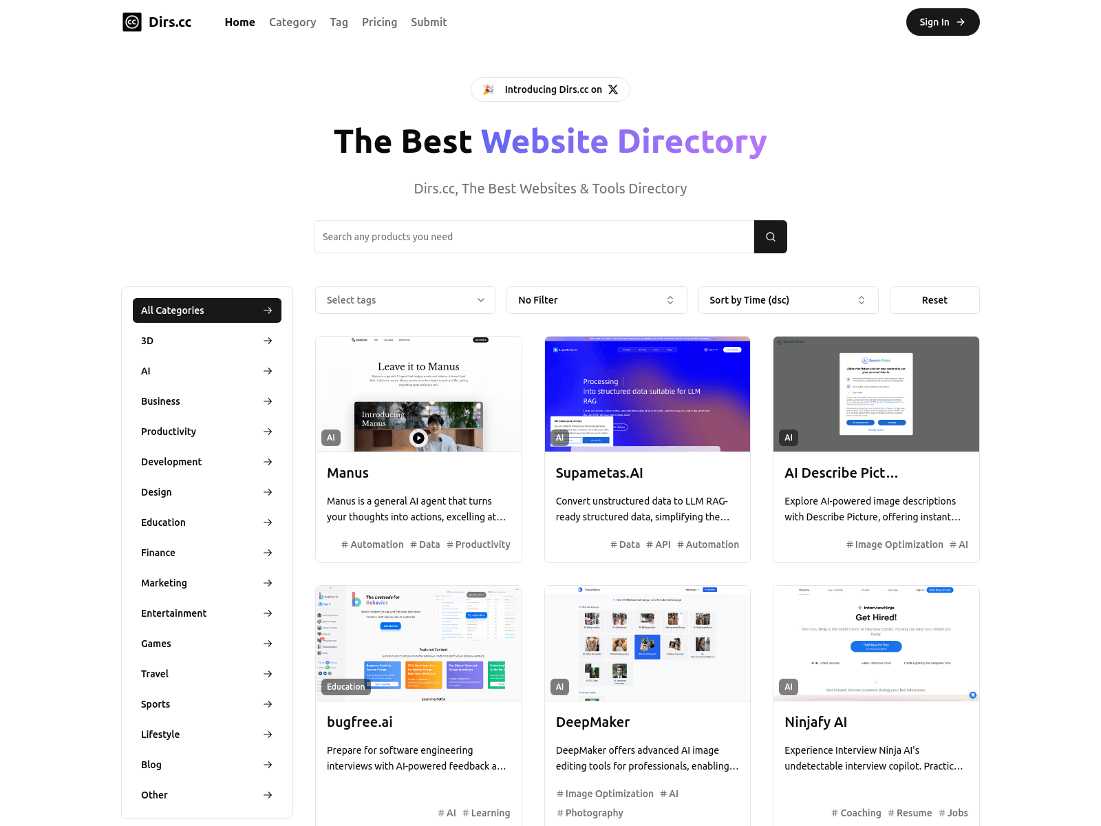 Dirs.cc: A website directory featuring the best tools, products, and websites, aiding discovery and product launches.
