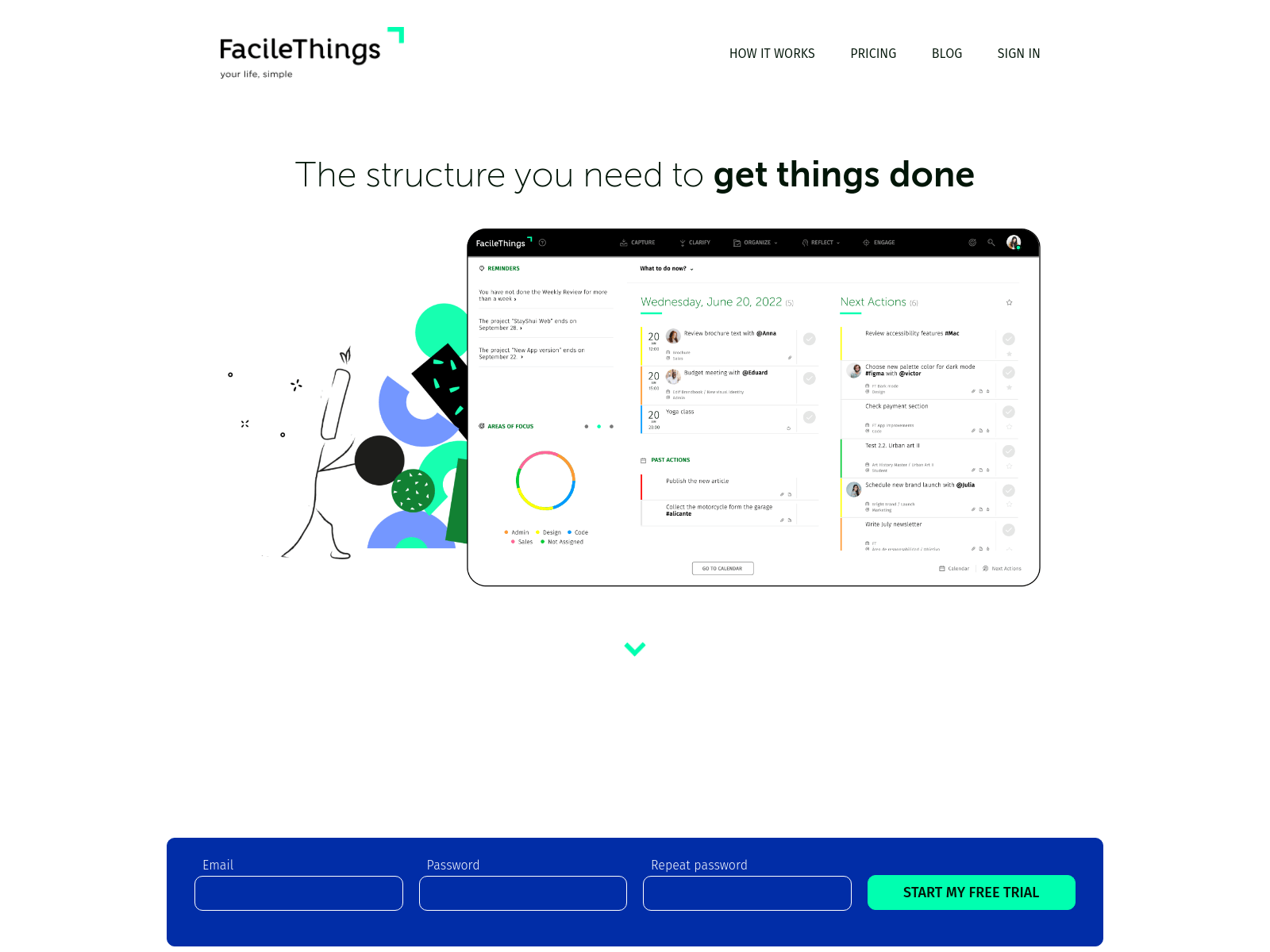 A personal productivity application using the Getting Things Done methodology, offering structure for task management and a 30-day free trial.
