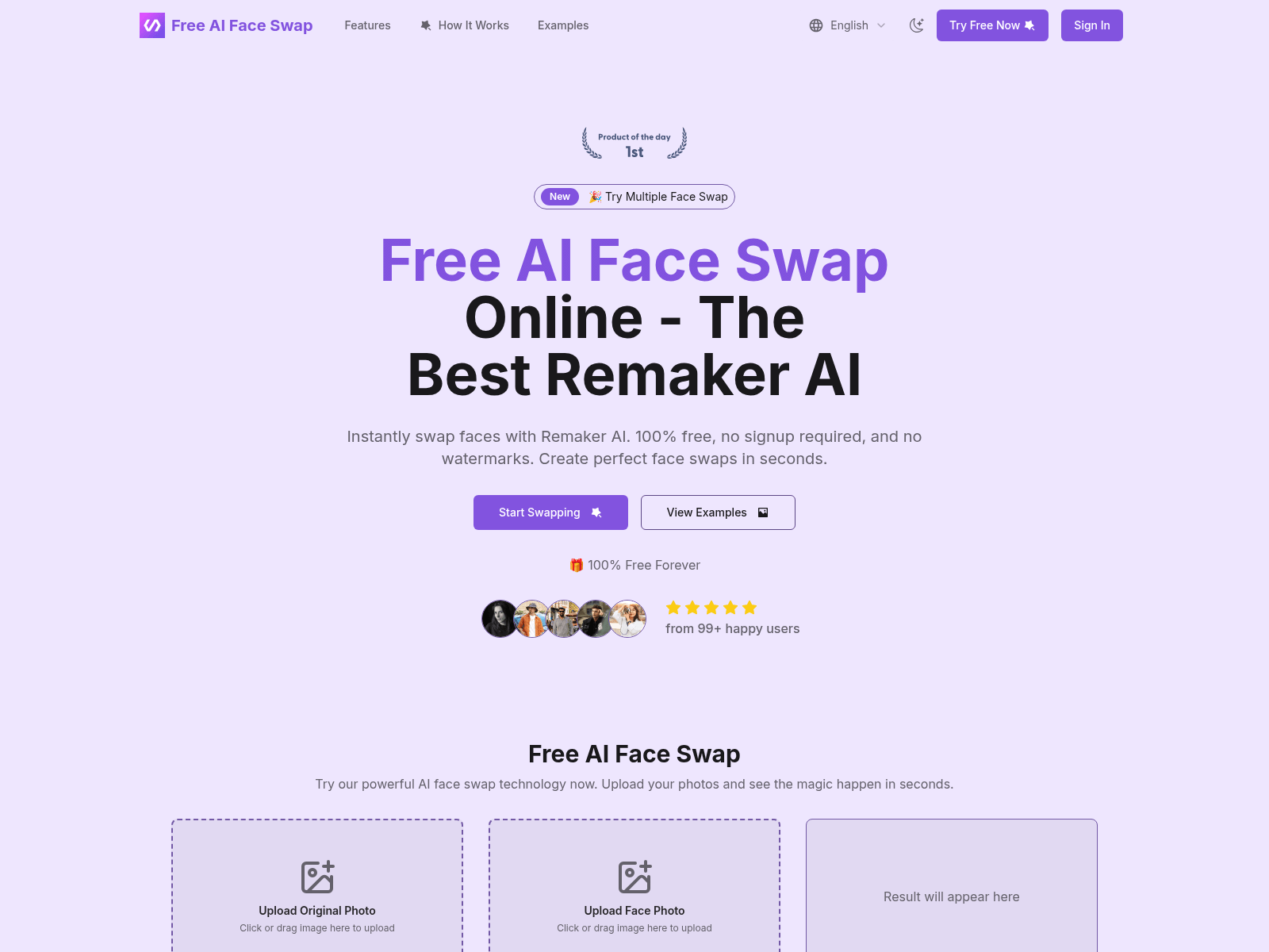 Free AI-powered face swapping tool;  no signup needed,  instantly creates realistic face swaps from uploaded photos.

