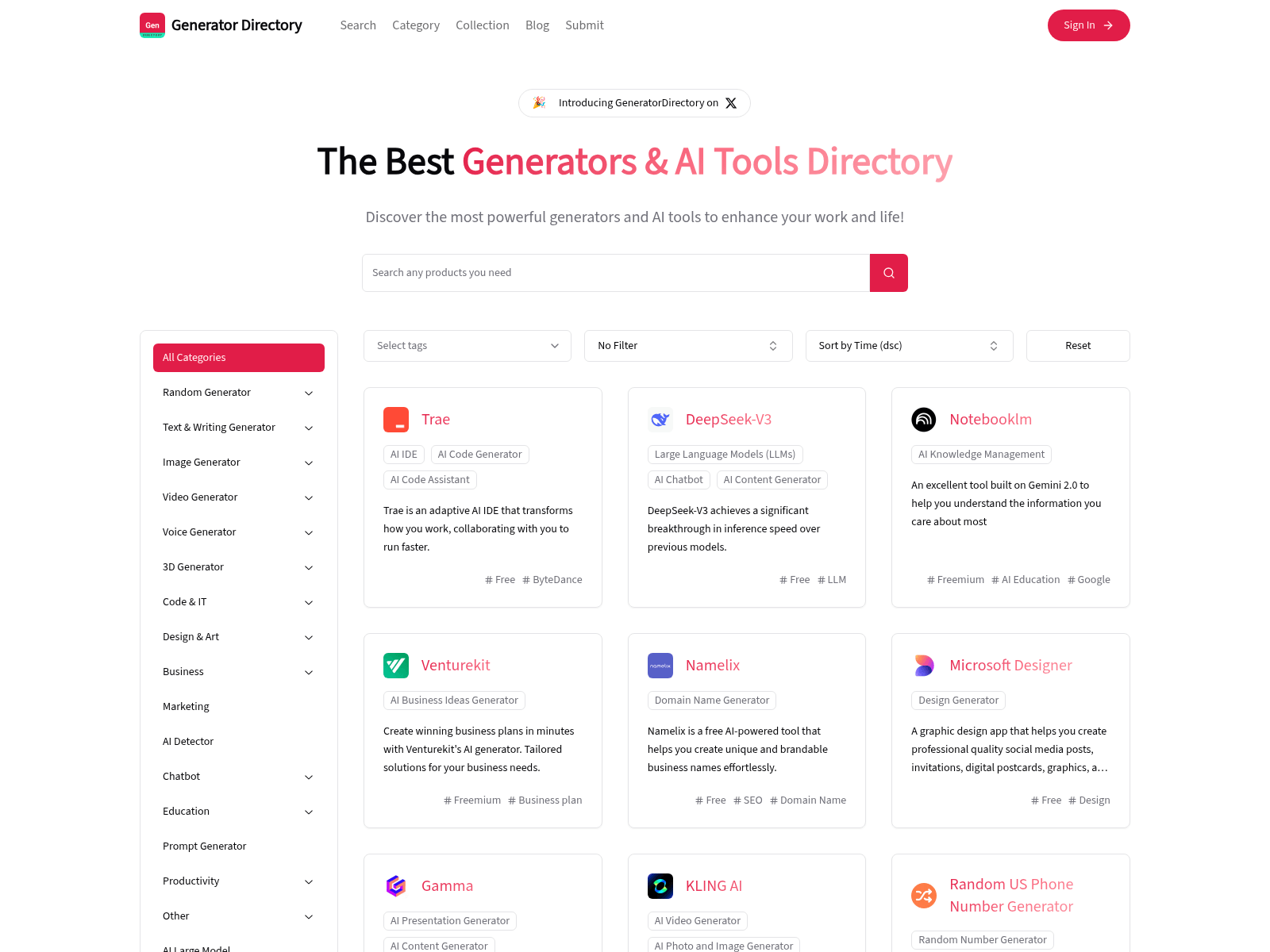 Generator Directory: A curated list of AI tools and generators categorized for enhanced creativity and productivity.
