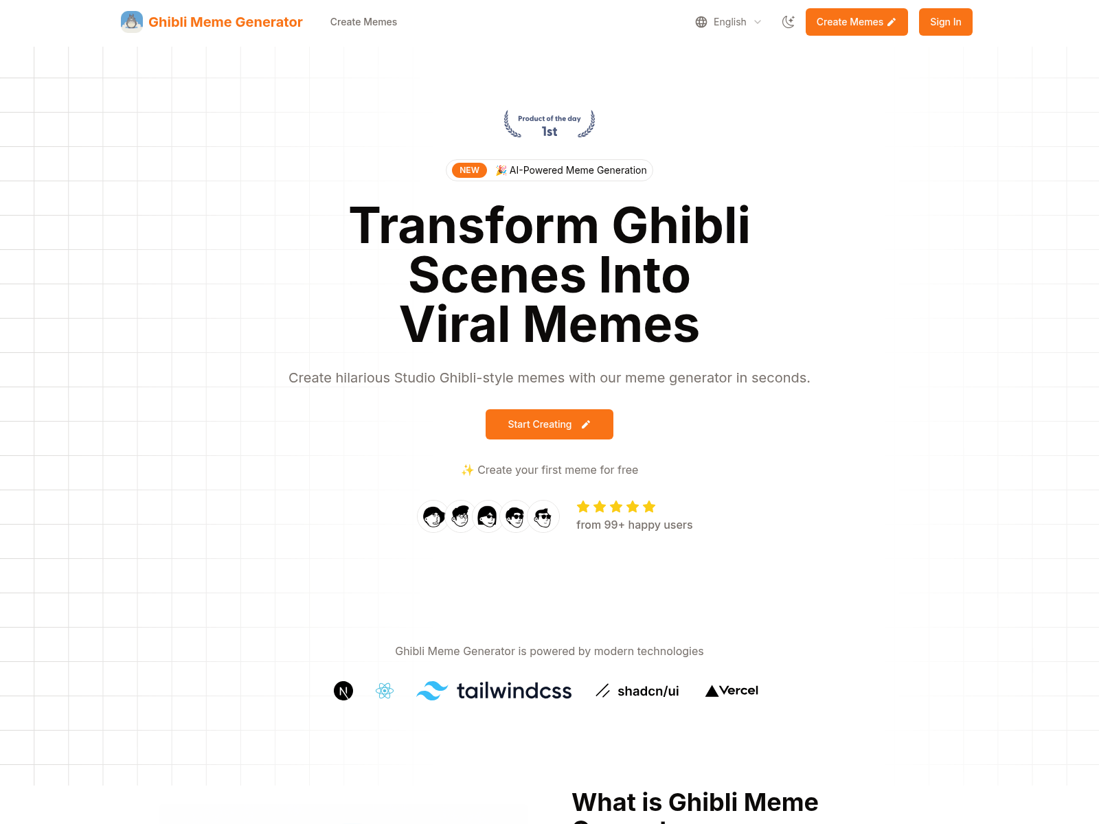 AI-powered meme generator creating funny Studio Ghibli memes online, using  various templates and offering easy sharing options.
