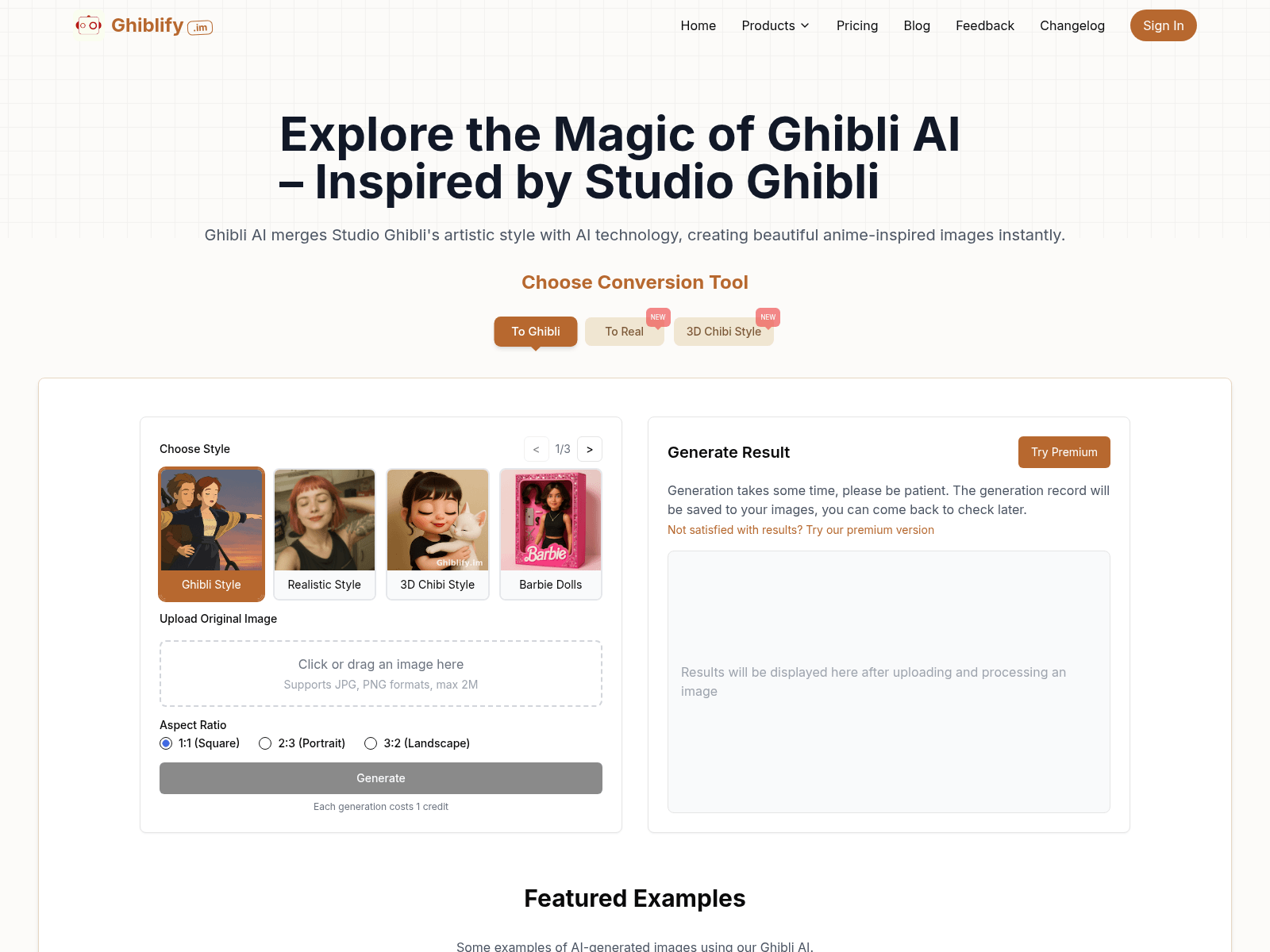 Ghiblify.im: An AI art generator creating Studio Ghibli-style anime images and offering various photo conversion styles.
