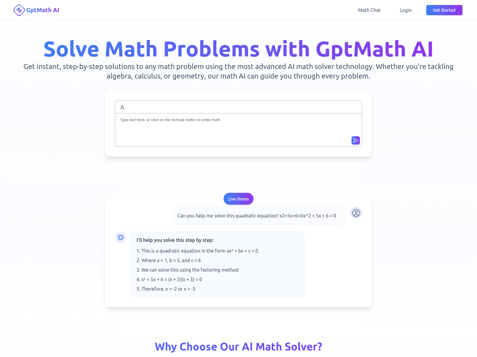 AI-powered math problem solver offering instant, step-by-step solutions and image recognition.
