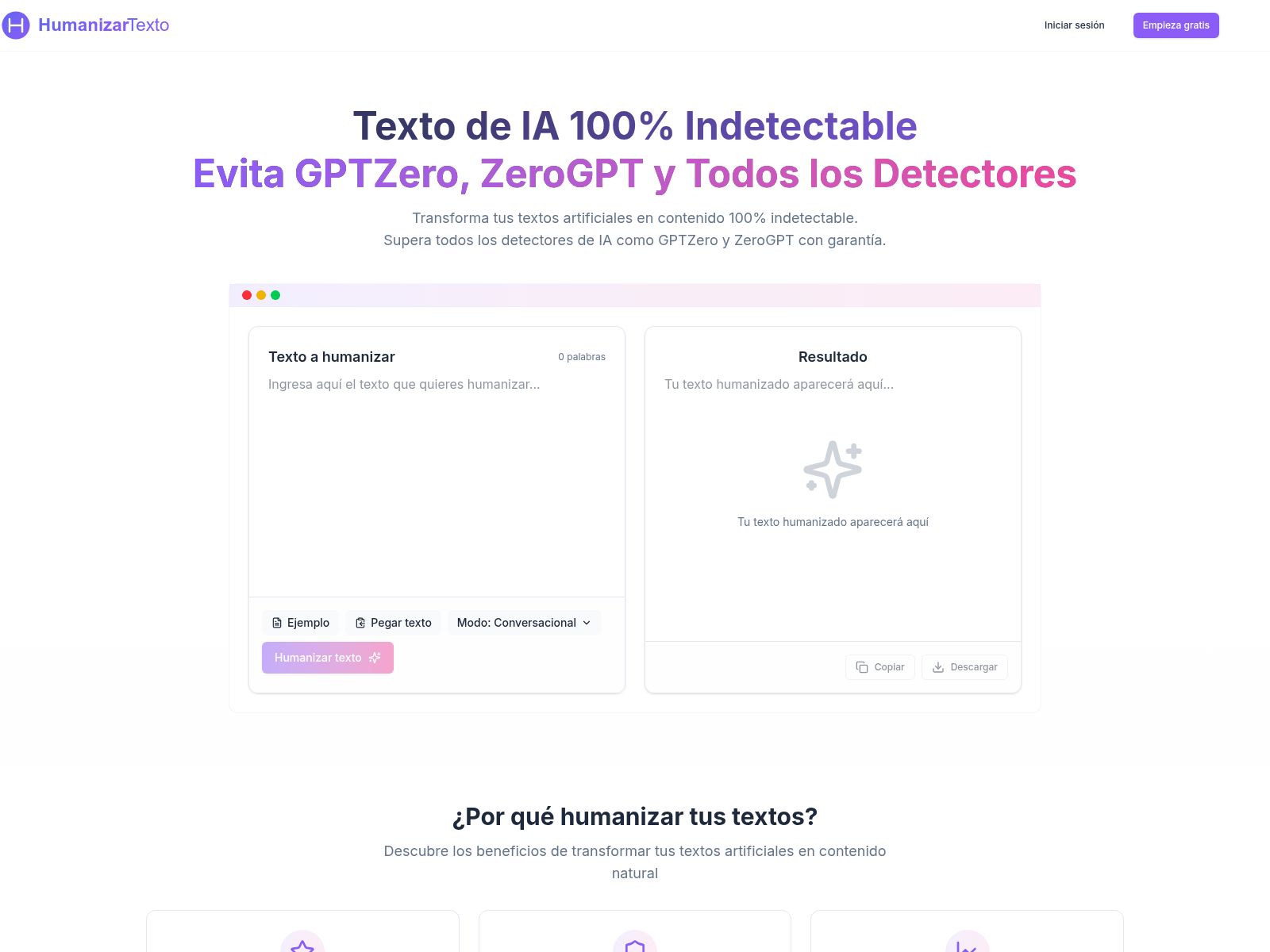 This website offers a tool to make AI-generated text undetectable by AI detectors like GPTZero and ZeroGPT, ensuring human-sounding output.
