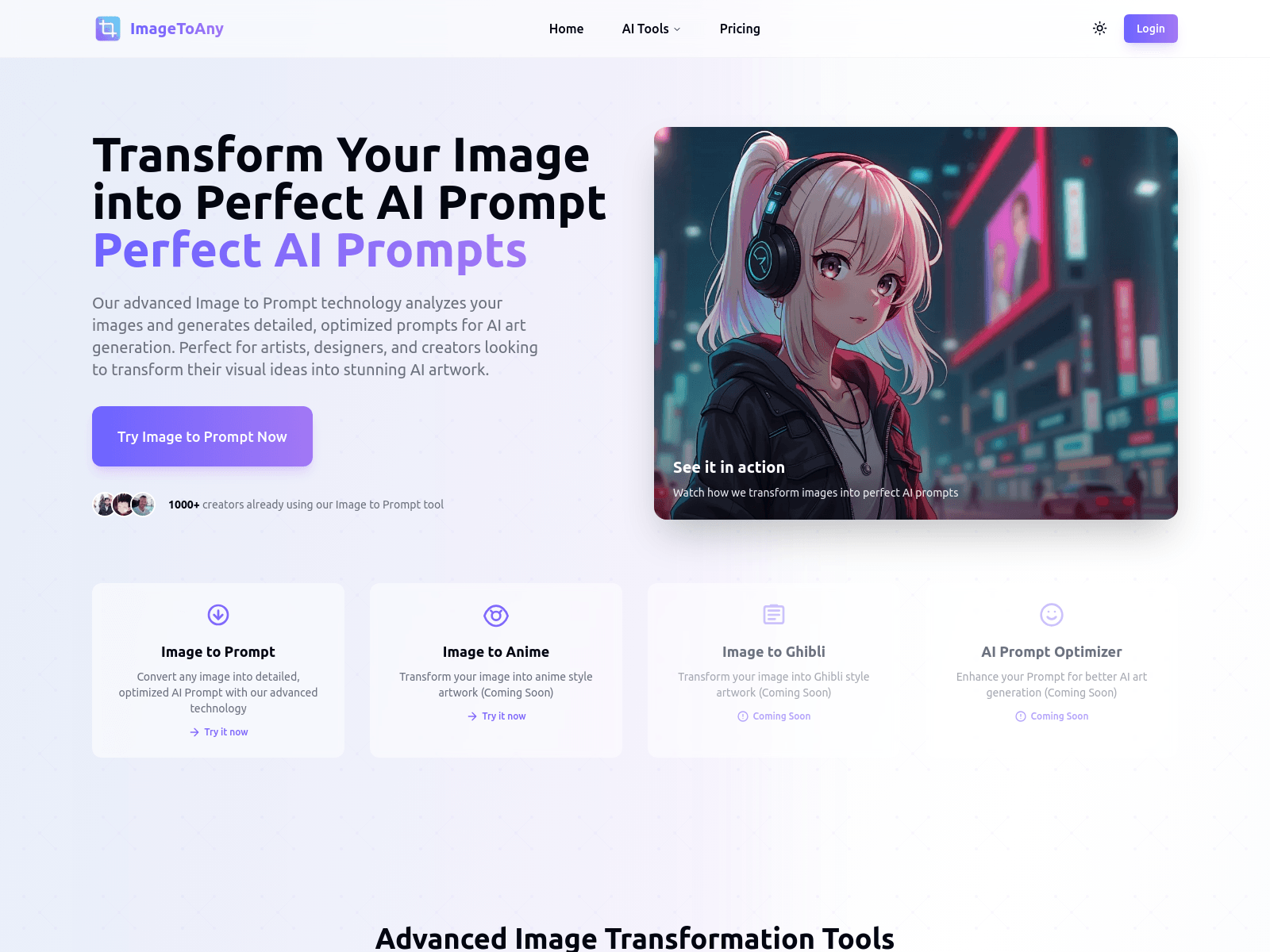 ImageToAny: AI-powered image-to-prompt generator for creating detailed AI art prompts.  Free to try.
