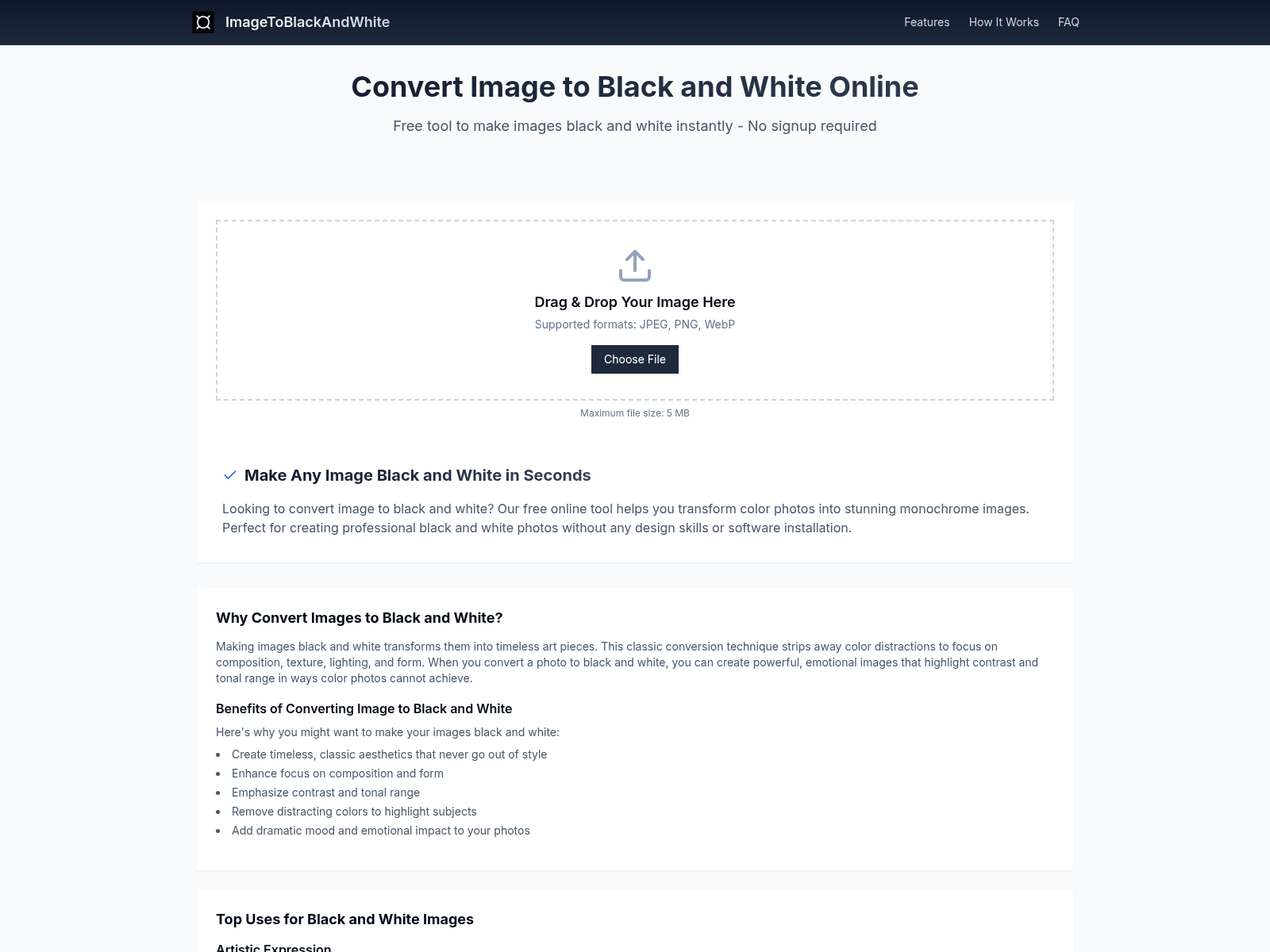 Free online tool to instantly convert color images to high-quality black and white photos; no signup required.
