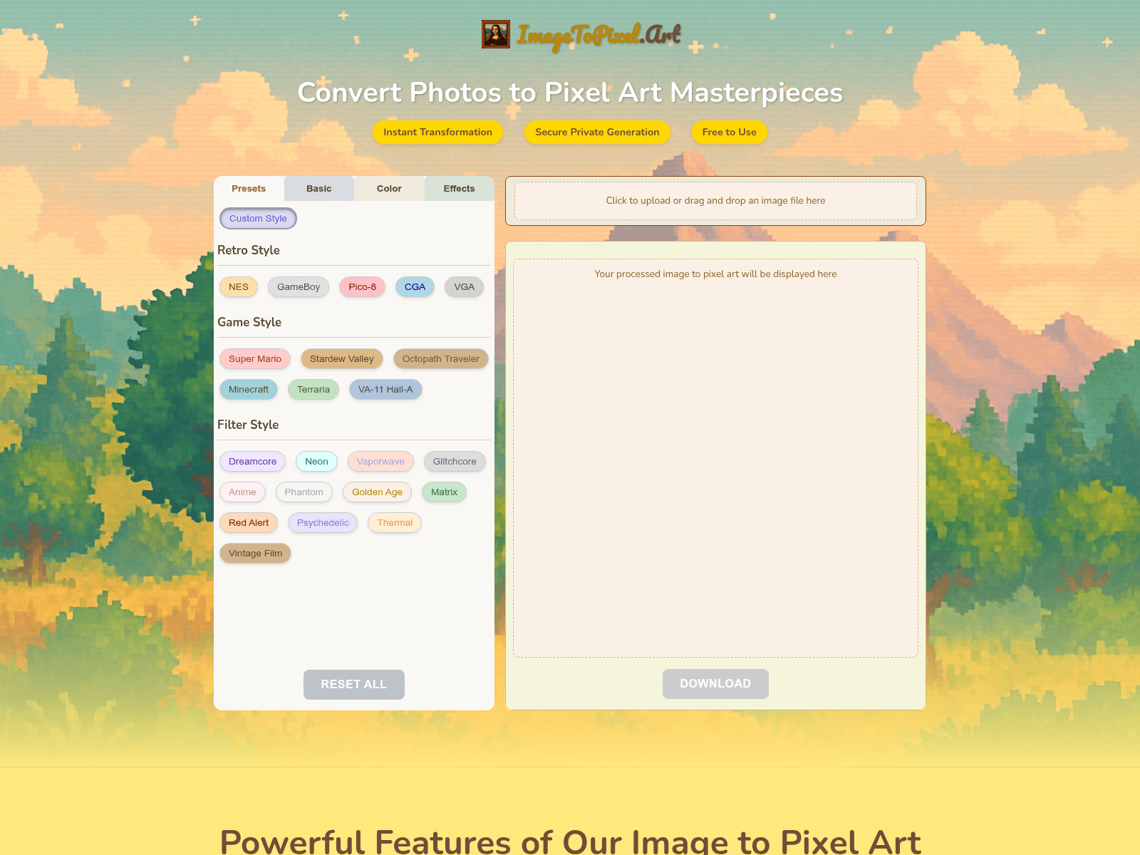 Free online image to pixel art converter; transform photos into pixel art masterpieces instantly.
