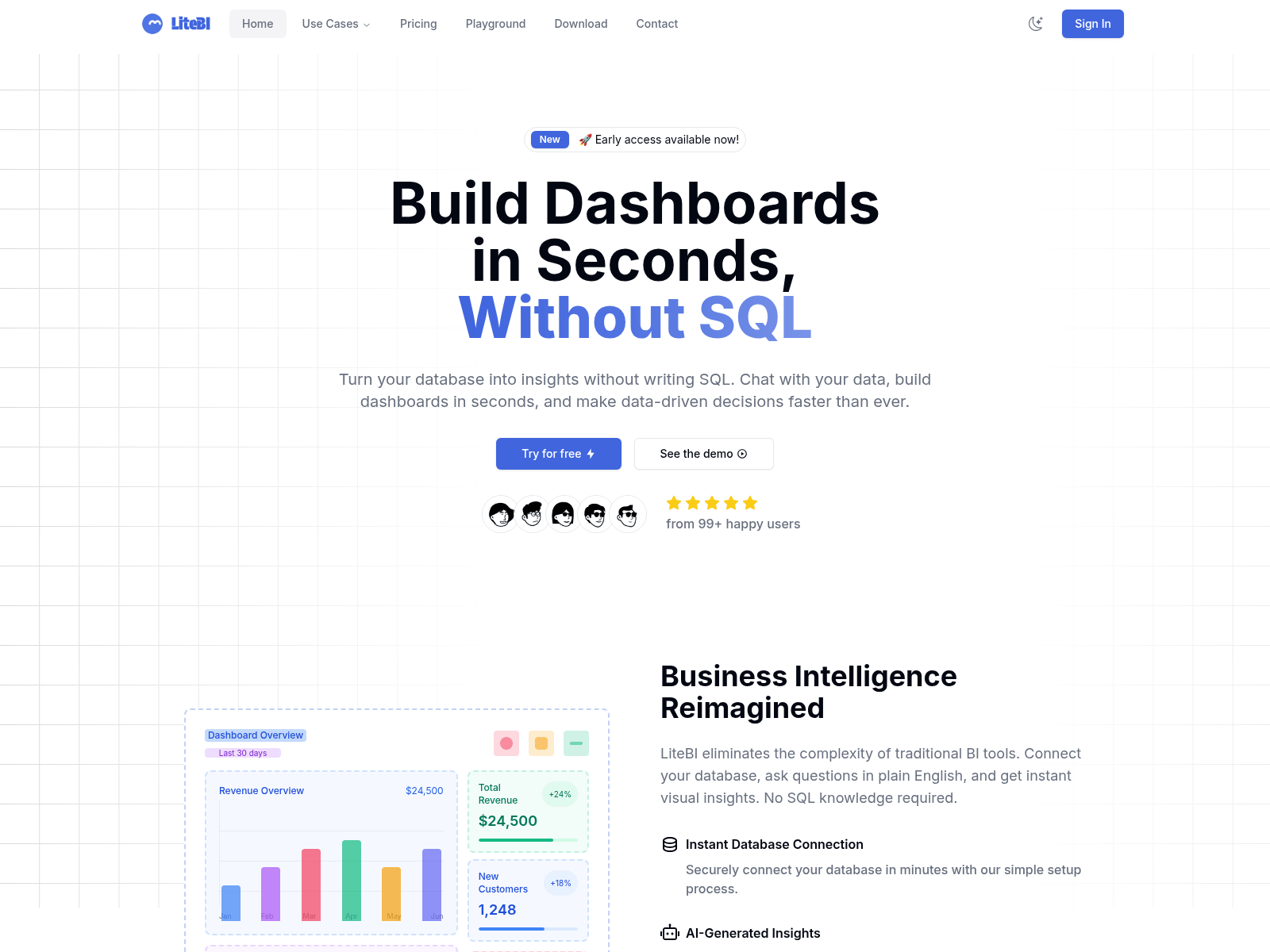 LiteBI: A rapid, no-code business intelligence platform for developers, enabling instant dashboard creation and data analysis without SQL.
