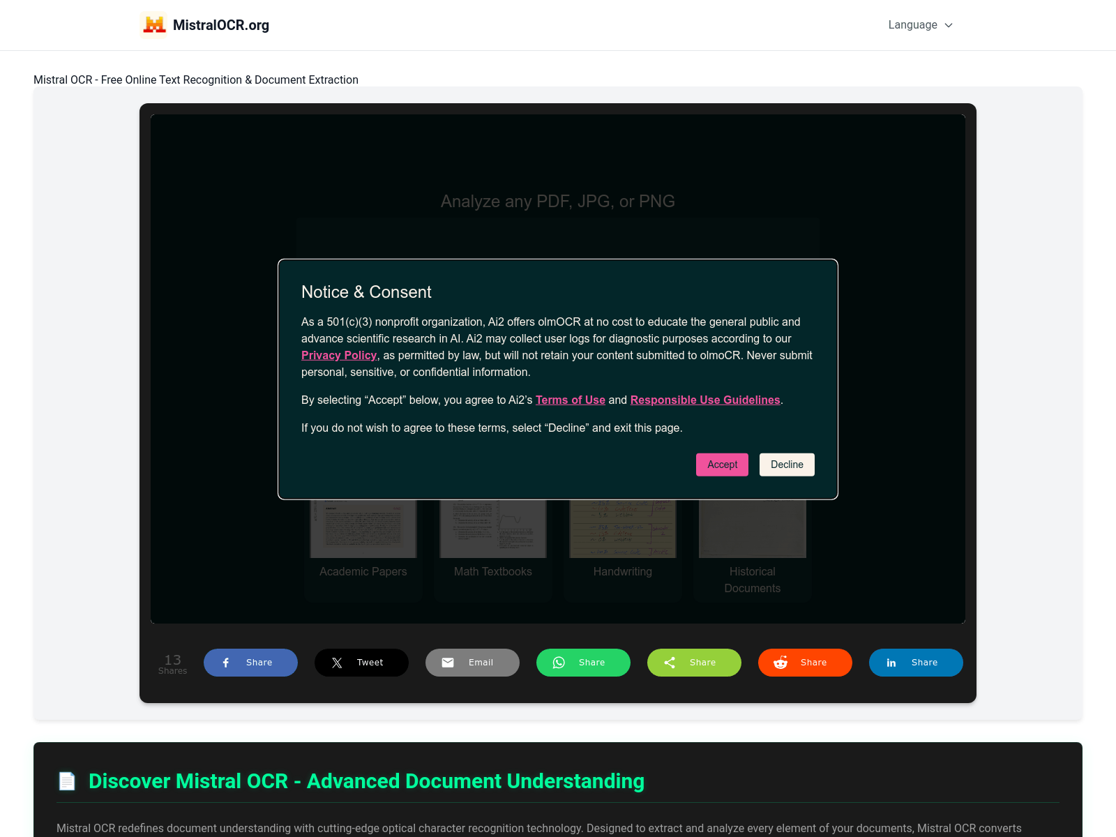 Mistral OCR: Free online text recognition and document extraction tool, supporting multiple languages and offering fast, accurate results.
