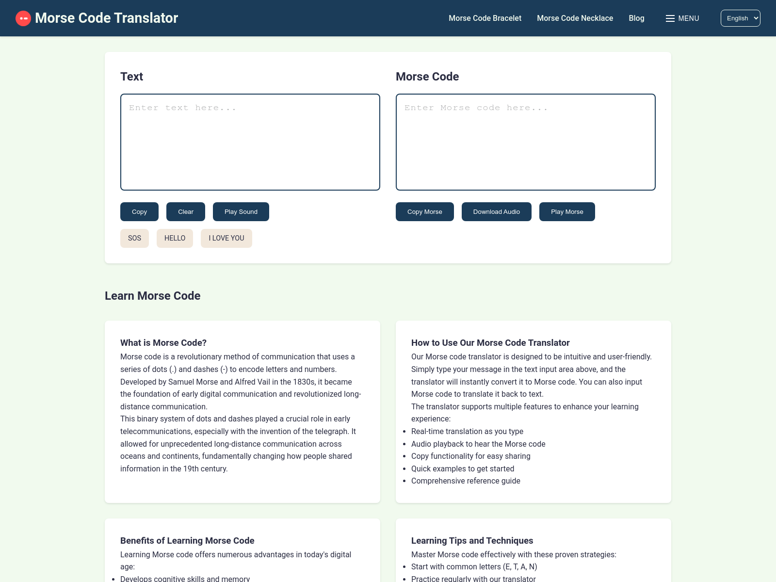 Free online Morse code translator with audio, copy, and learning resources.
