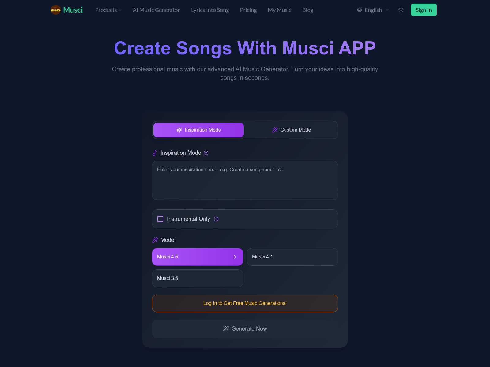 Musci: an AI-powered music creation platform offering tools to generate songs, lyrics, remixes, and isolated stems from text or audio.
