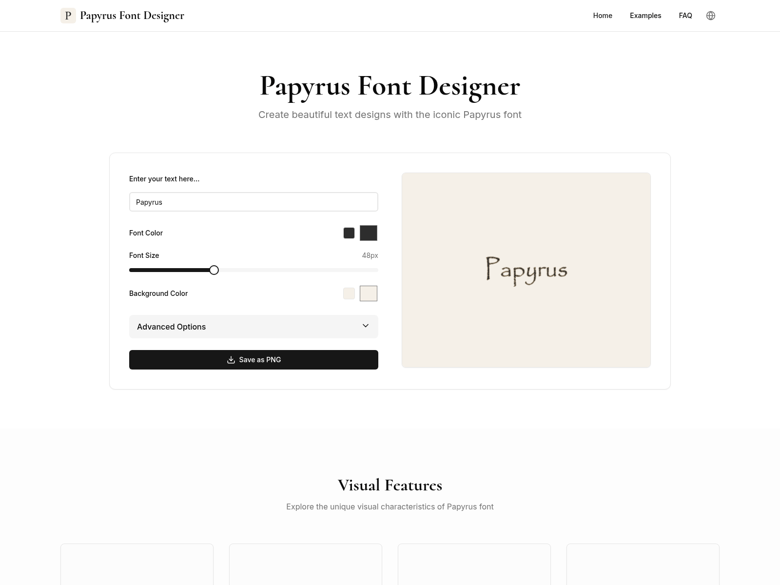 A web app for designing text using the Papyrus font, offering customization options and PNG downloads.
