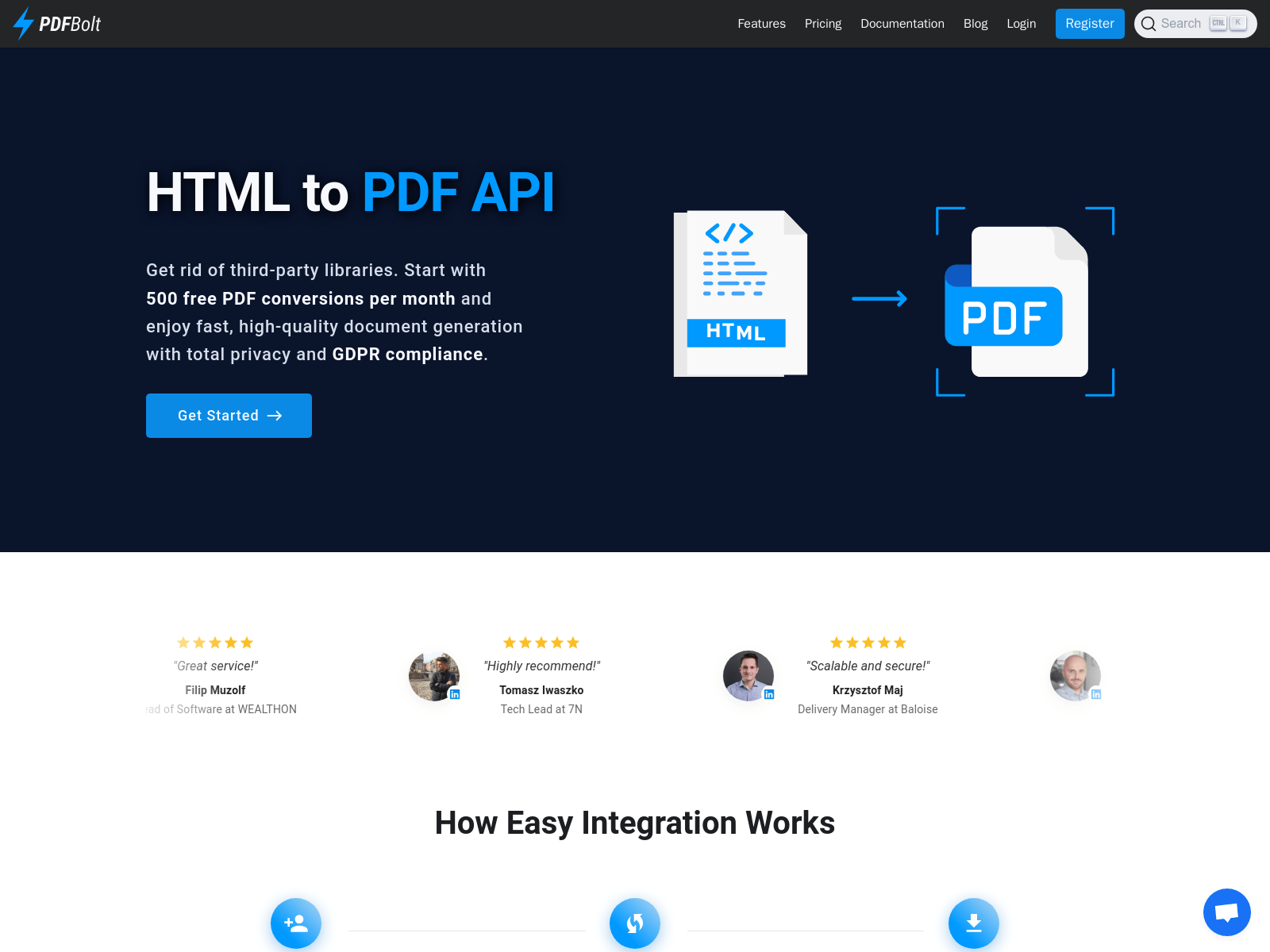 PDFBolt:  A high-quality HTML to PDF conversion API with a free plan,  easy integration, and GDPR compliance.
