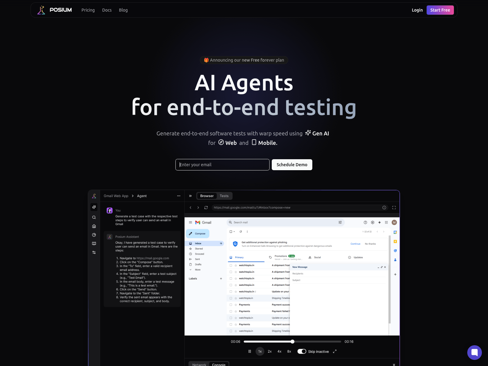 Posium: AI-powered end-to-end testing platform using Gen AI agents for rapid test generation and maintenance.
