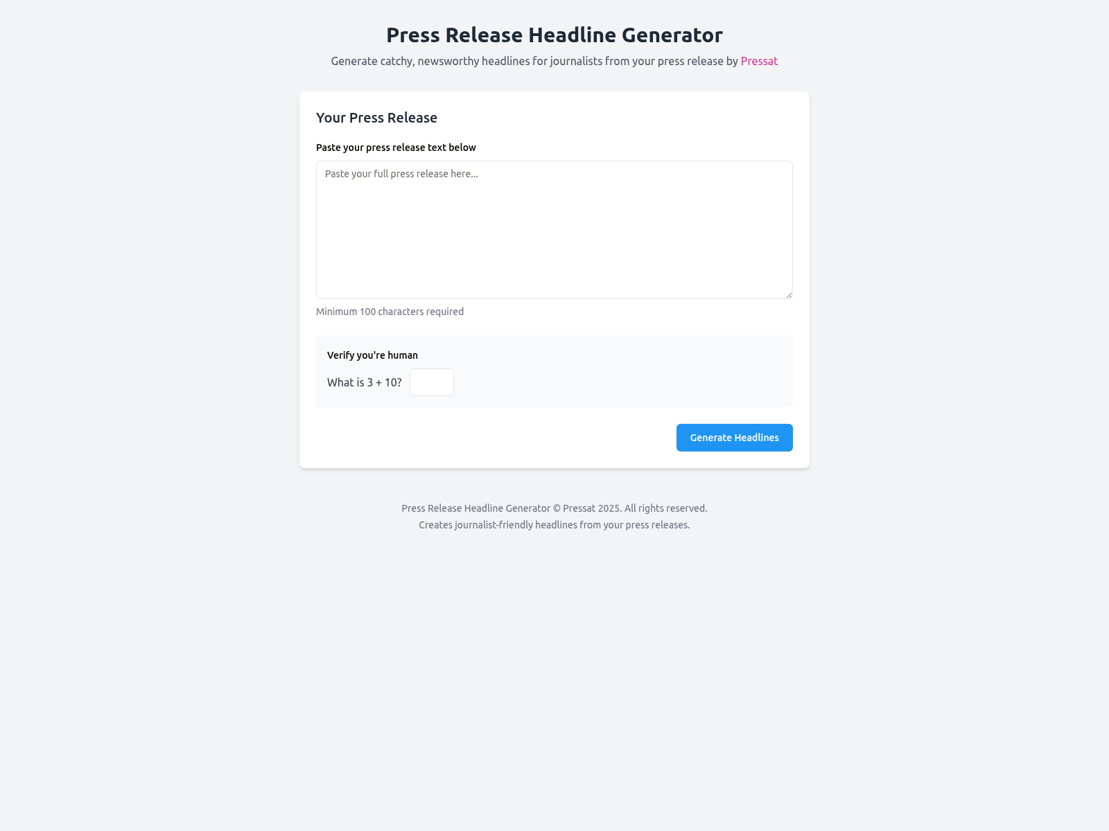 AI-powered press release headline generator for creating catchy, newsworthy titles.
