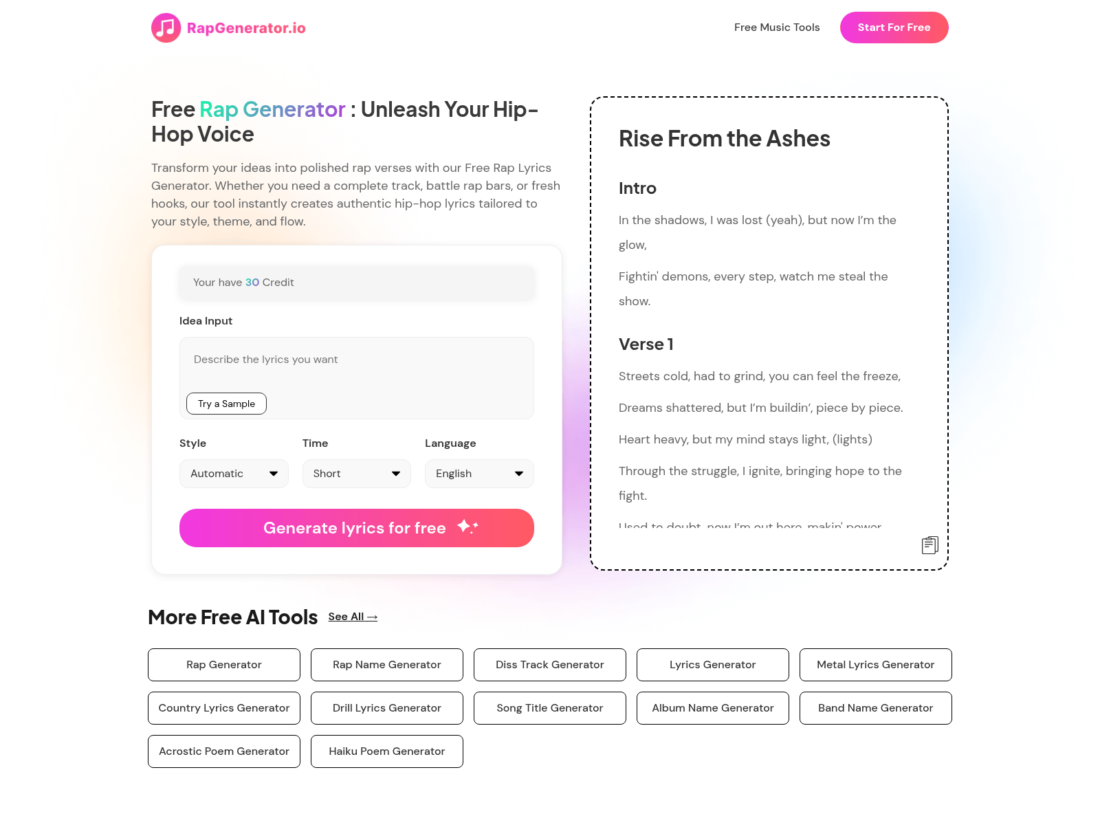 A free AI rap lyrics generator that creates authentic hip-hop verses with customizable styles, themes, and flows.
