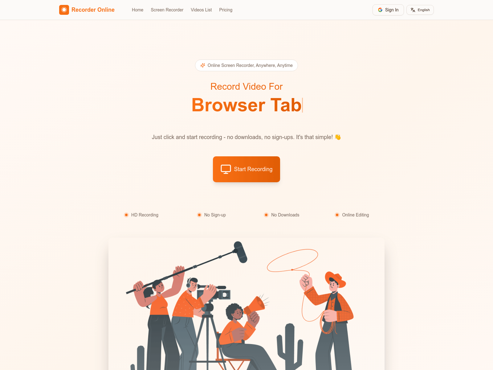 A free online screen recorder for Windows and Mac, offering HD recording, local storage, and MP4 export; no downloads or sign-ups required.
