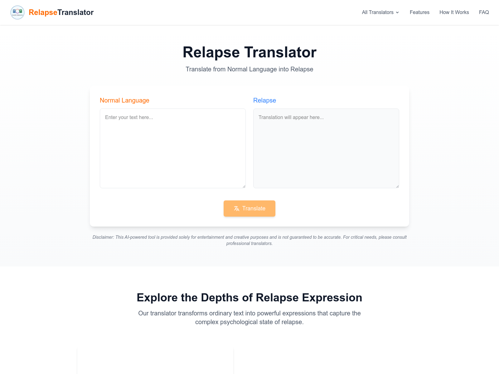 This is Relapse Translator, an AI tool that transforms text into dark, poetic expressions reflecting the psychological state of relapse; useful for creative writing and therapeutic purposes.

