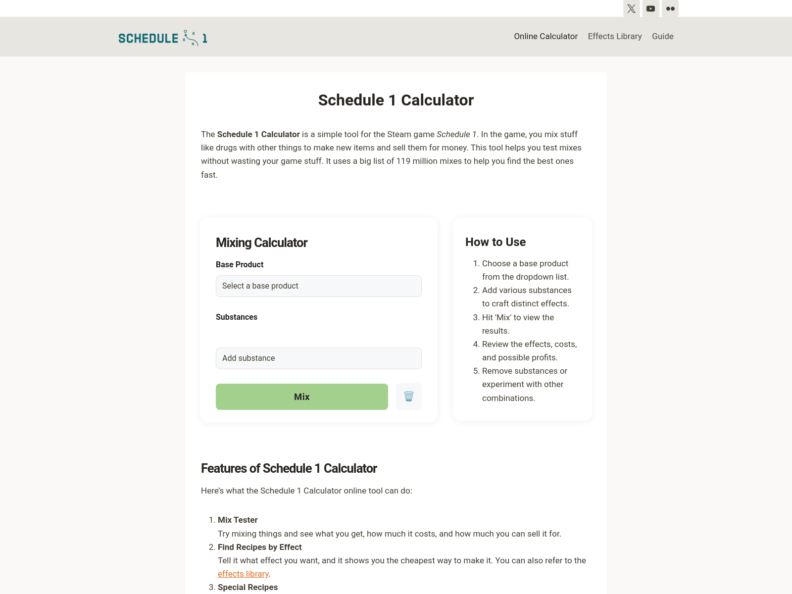 A calculator for the Steam game *Schedule 1*, helping players optimize drug mixing recipes, calculate costs and profits, and share mixes with others.
