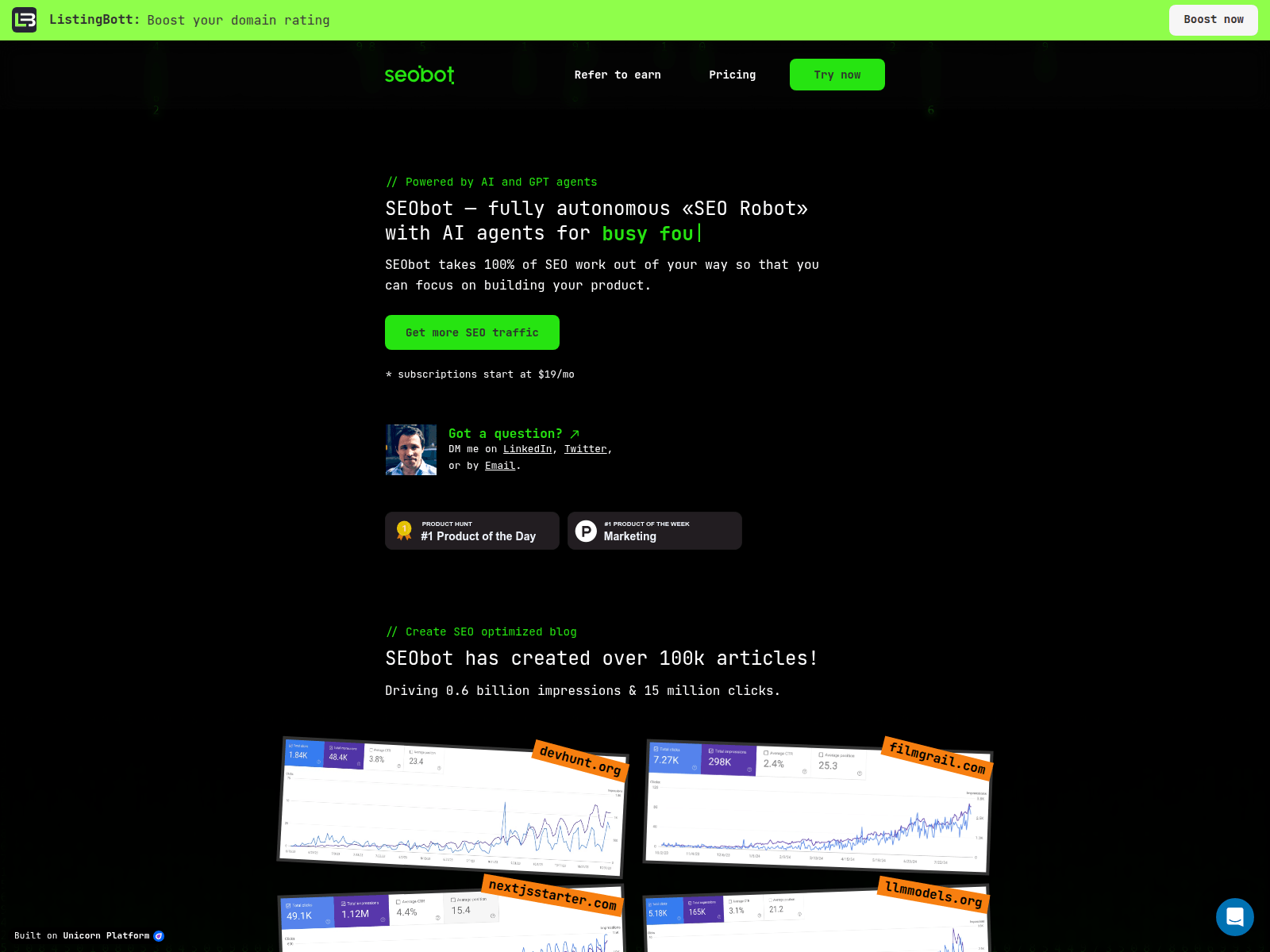 SEO Bot: AI-powered SEO automation for busy founders, featuring AI-generated content,  linking, and keyword research.
