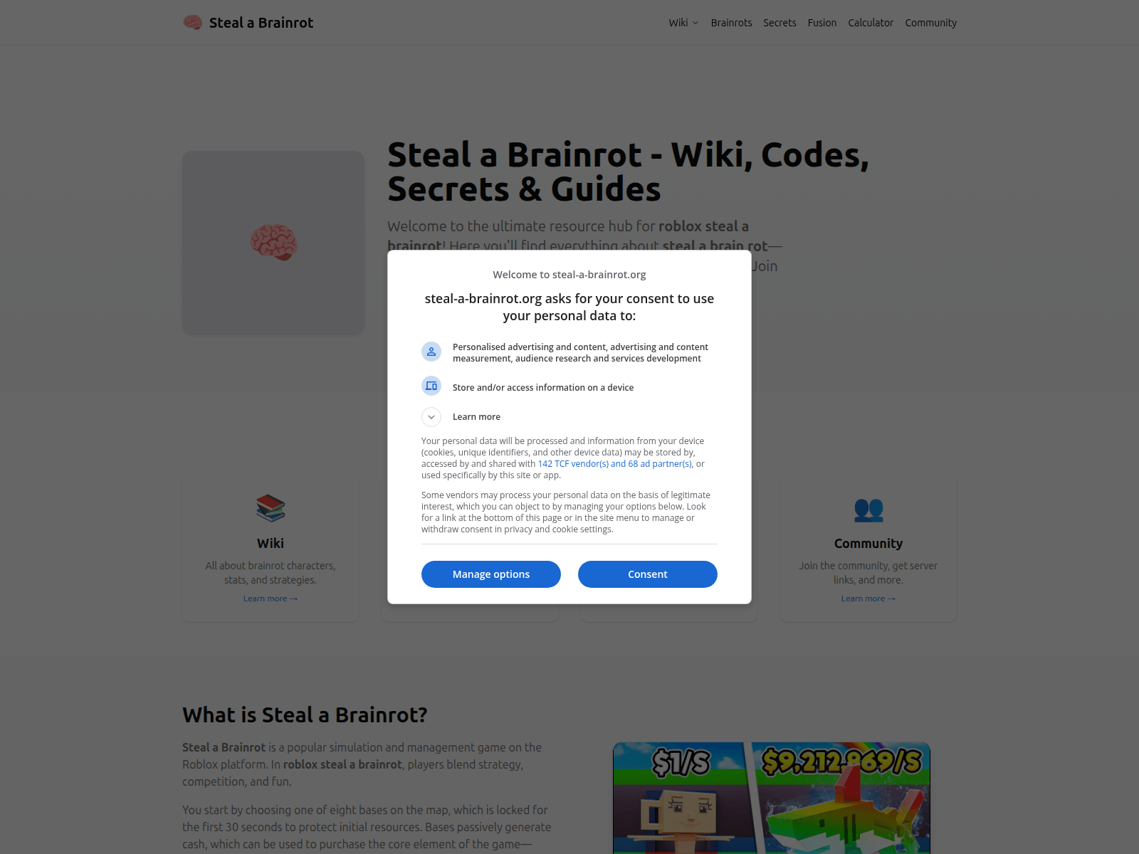 A Roblox Steal a Brainrot wiki, providing guides, codes, secrets, and community resources for the game.
