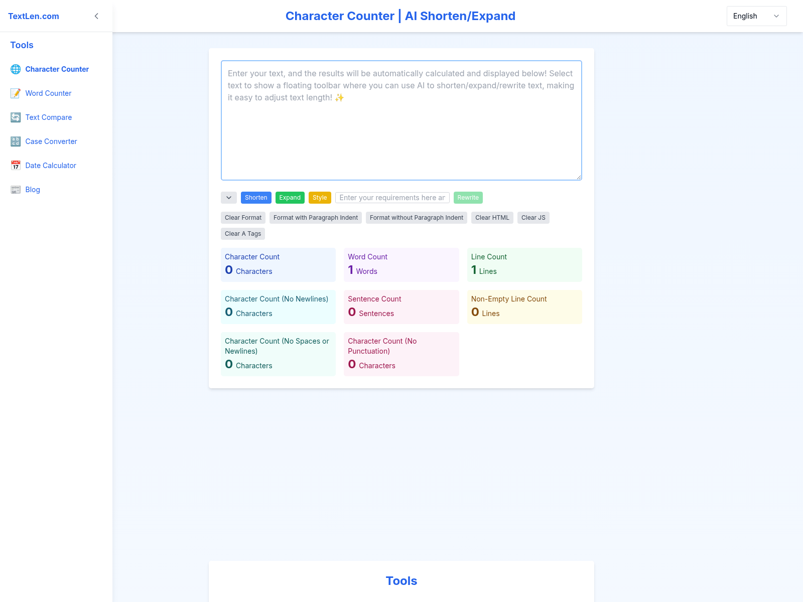 TextLen.com:  A free online tool for character, word, and line counting; includes AI-powered text shortening and expansion features.
