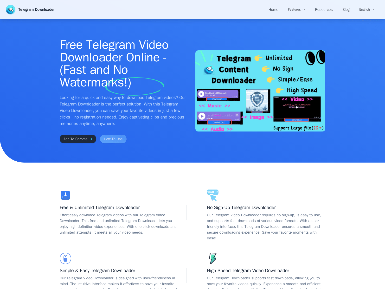 A free, fast, and watermark-free online Telegram video and audio downloader with unlimited downloads and Chrome extension.
