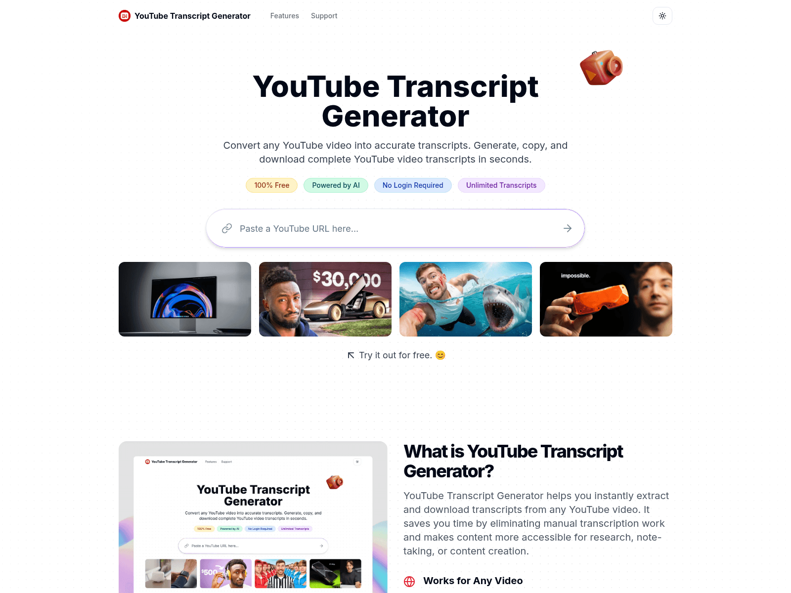 Generates free, unlimited YouTube video transcripts; download in TXT, DOCX, or PDF formats.
