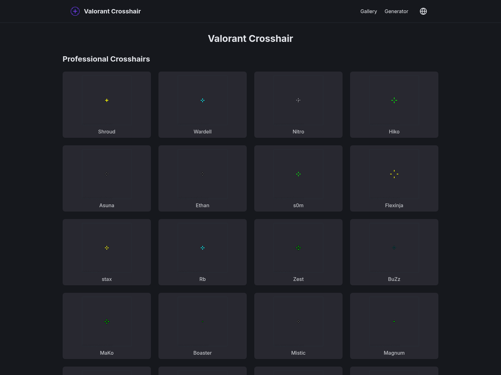 Valorant crosshair codes database and generator;  browse, create, and share custom crosshairs.
