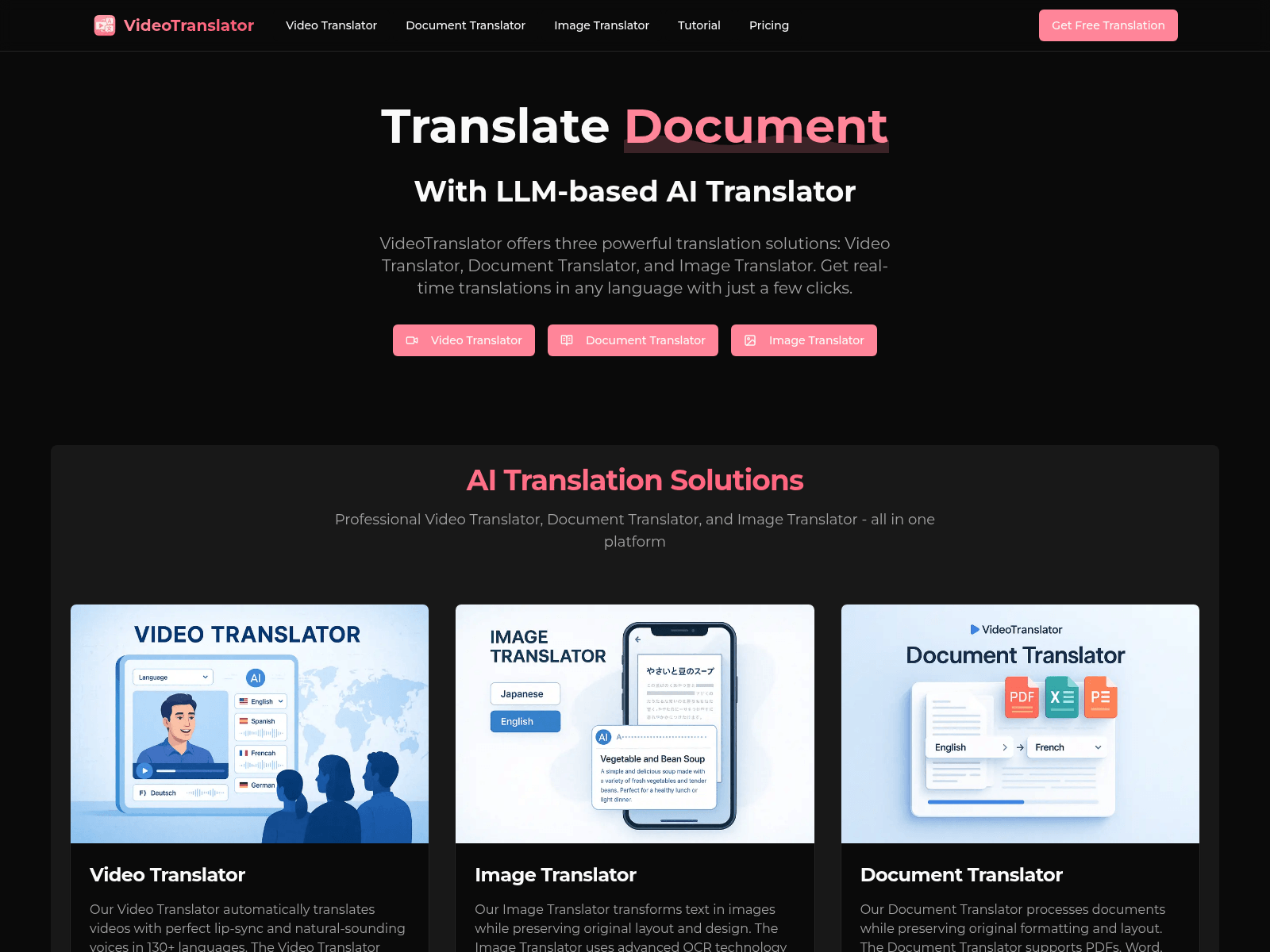 AI-powered translation for videos, documents, and images; offers real-time translation in 130+ languages with  lip-sync and format preservation.
